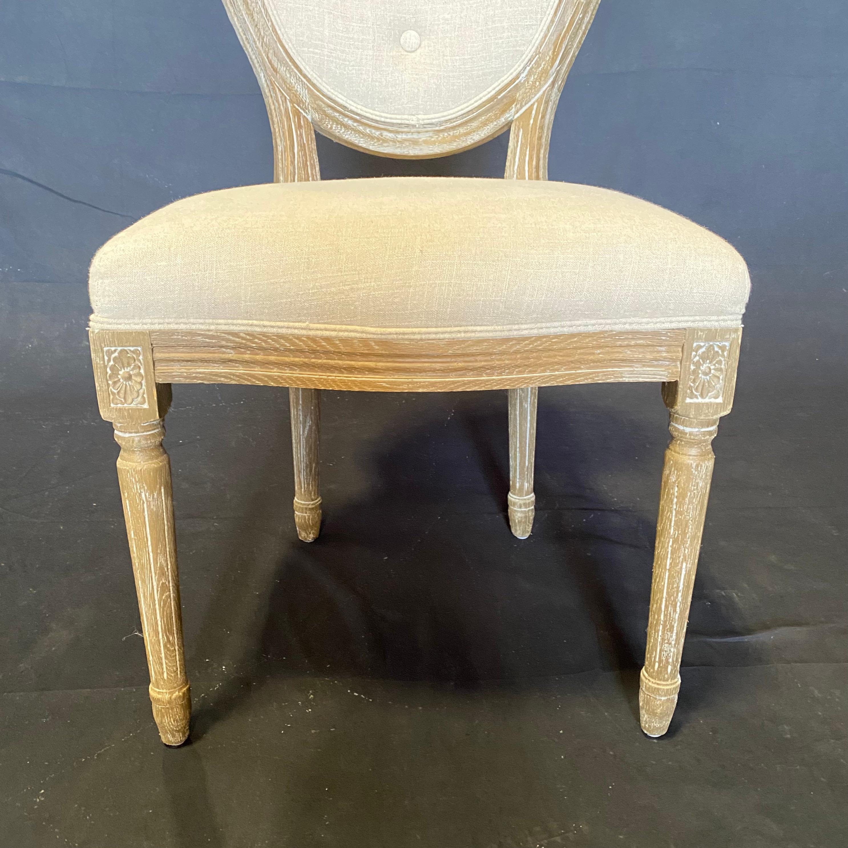 Lovely Set of Eight French Louis XVI Style Cerused Oak Tufted Back Dining Chairs In Good Condition For Sale In Hopewell, NJ