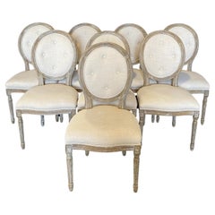 Lovely Set of Eight French Louis XVI Style Cerused Oak Tufted Back Dining Chairs
