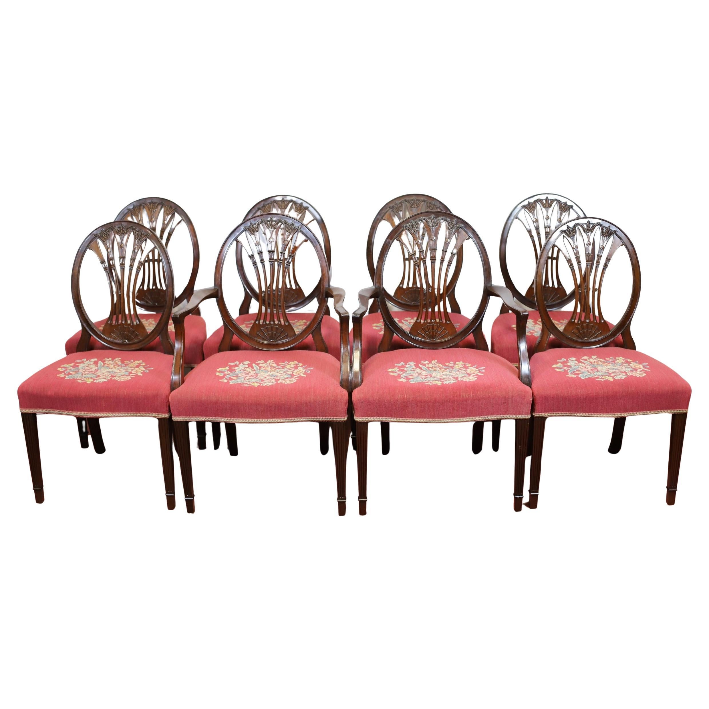 Lovely Set Of Eight Victorian Carved Oak  Hepplewhite-Style Dining Chairs