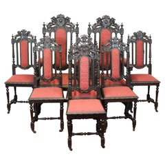 Lovely Set Of Eight Victorian Jacobean Carved Oak Dining Chairs
