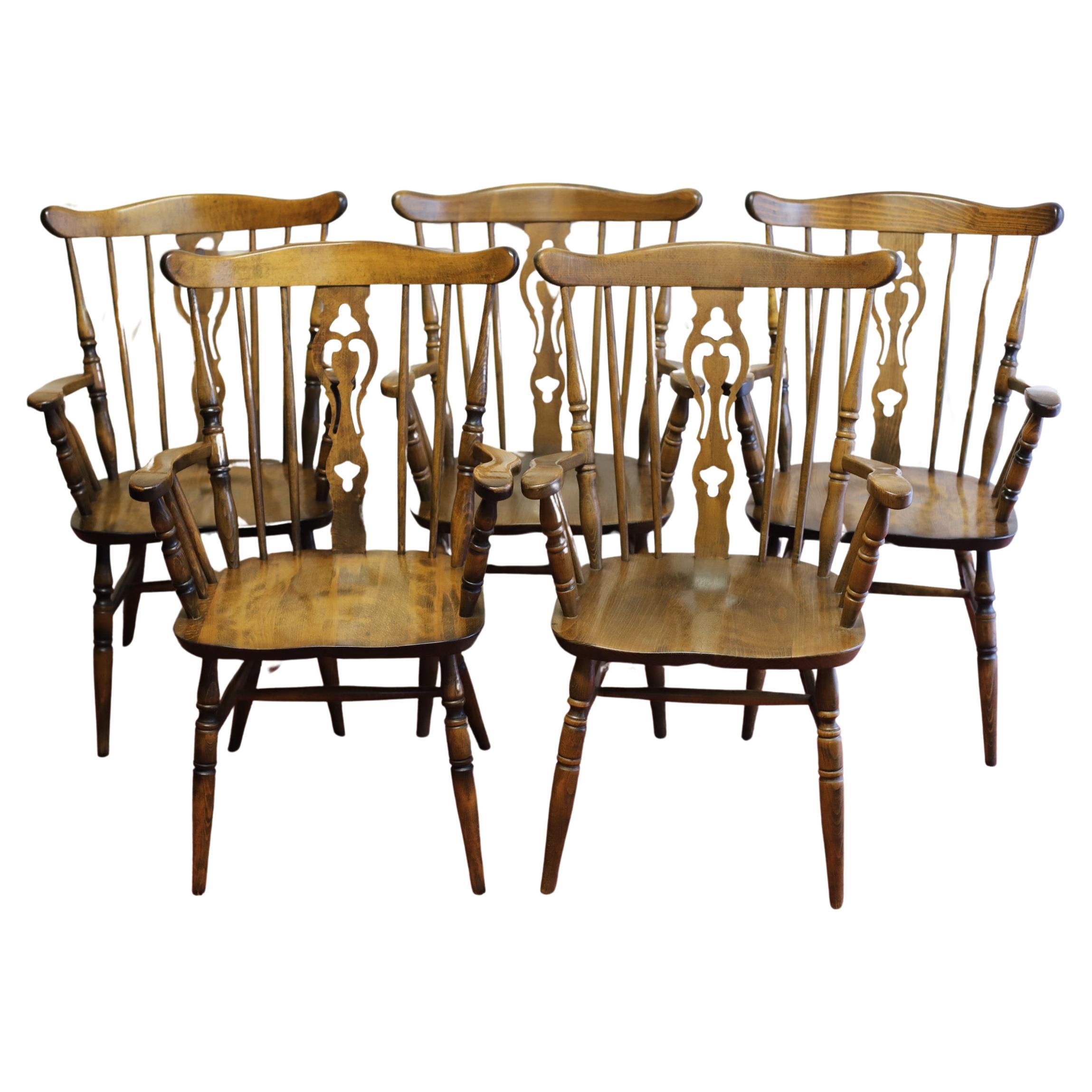 Lovely Set Of Five Beech Farmhouse Armchairs 