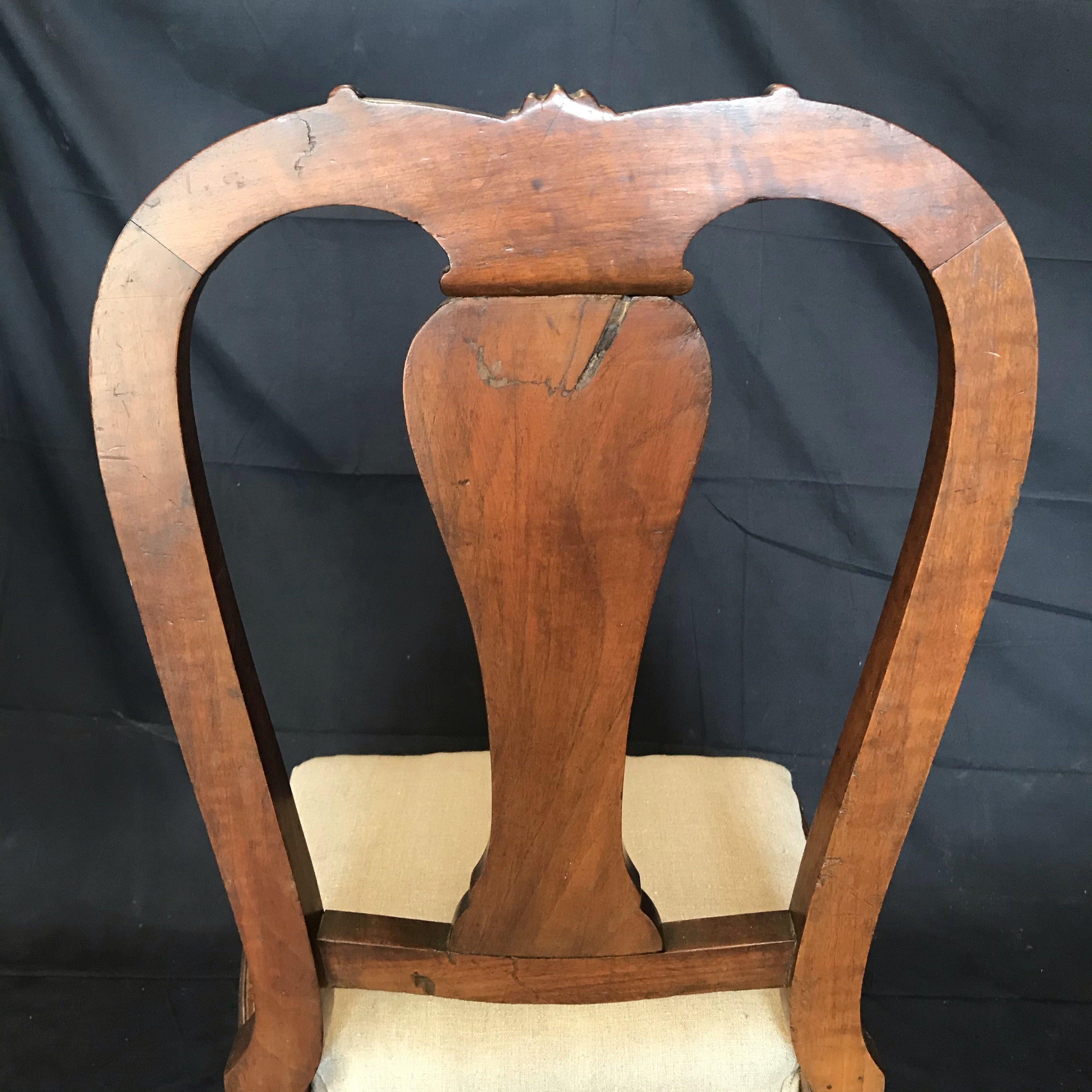 Lovely Set of Four Carved Walnut English Side Dining Chairs For Sale 1