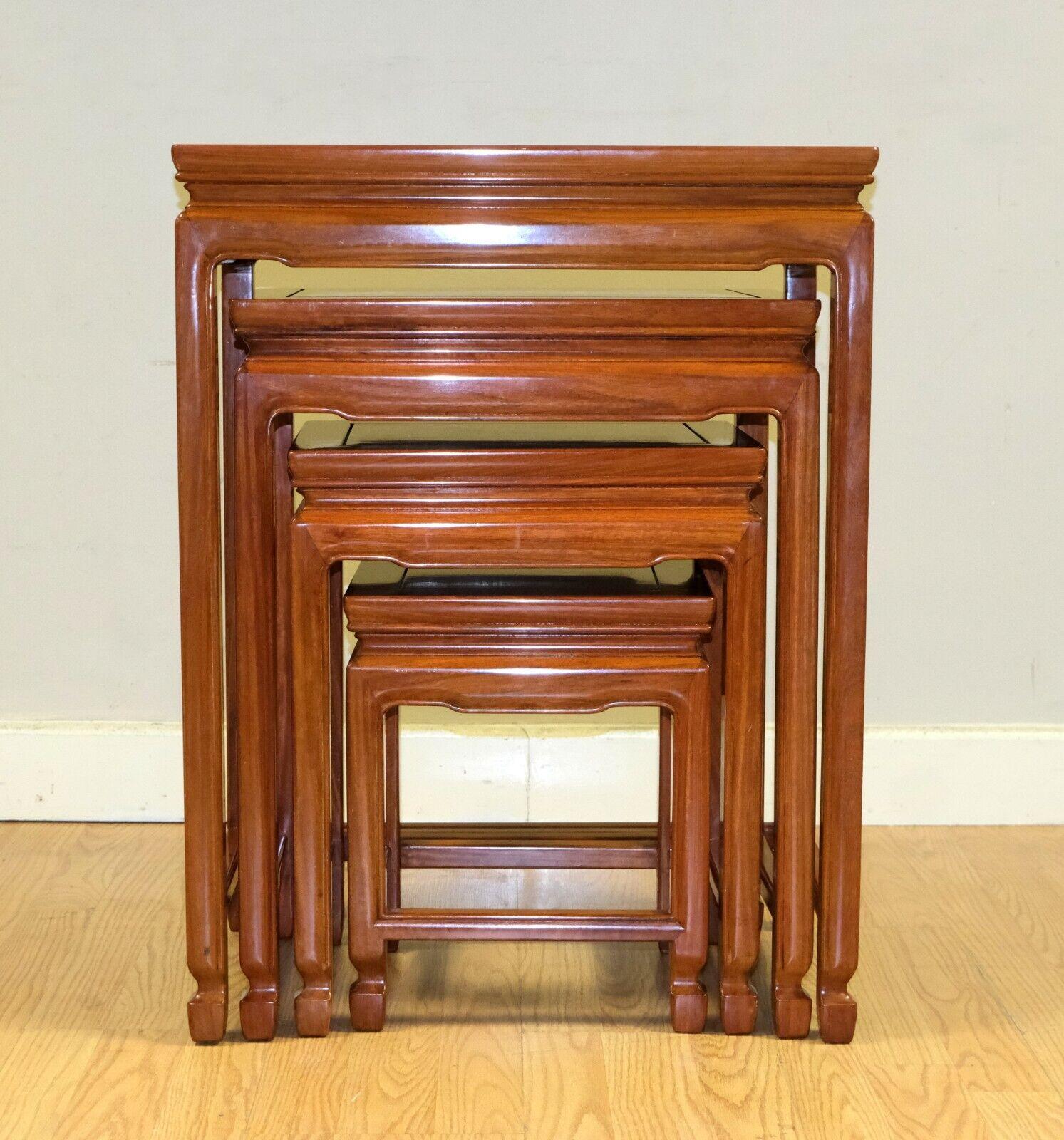 LOVELY SET OF FOUR CHiNESE HARDWOOD NEST OF TABLES ON SQUARE FEET For Sale 3