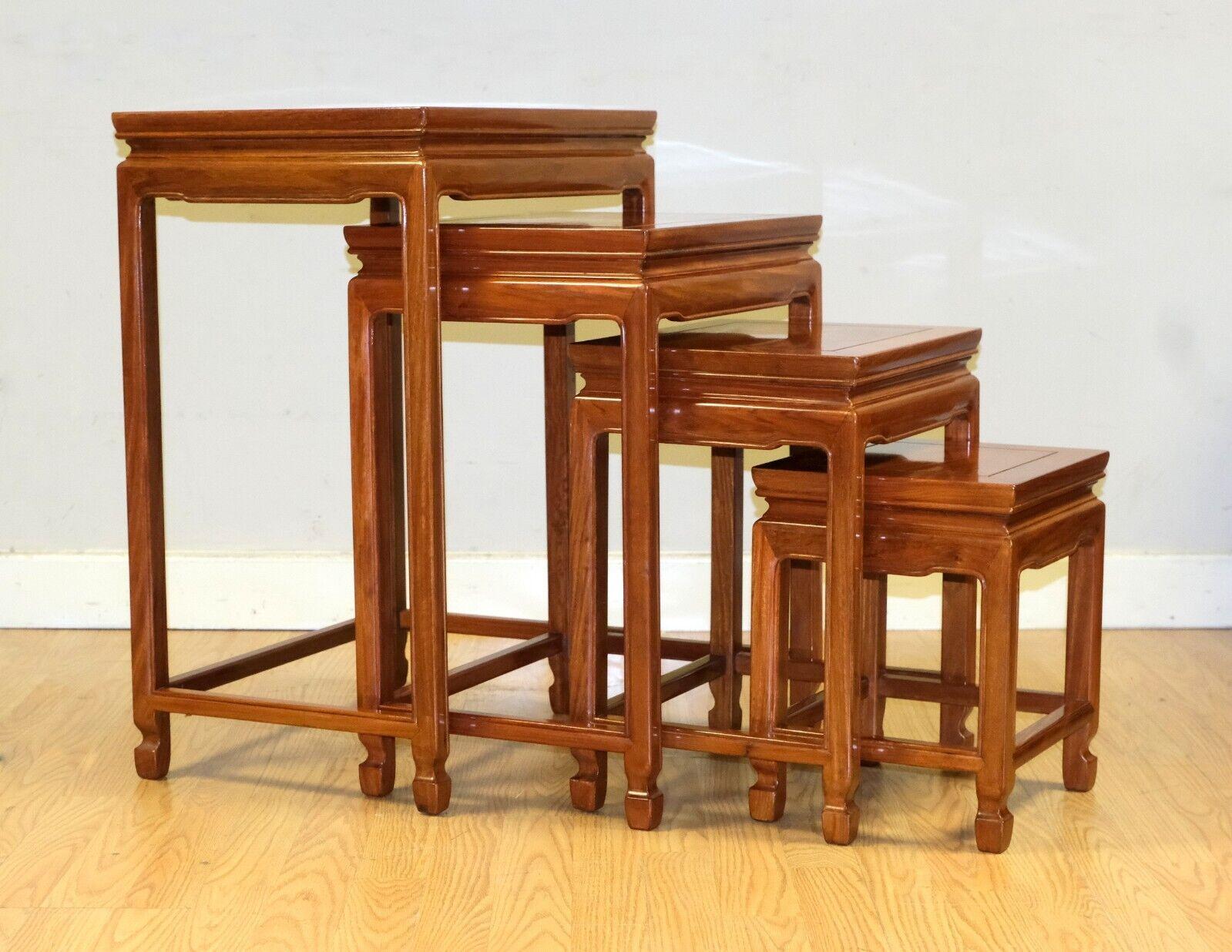 LOVELY SET OF FOUR CHiNESE HARDWOOD NEST OF TABLES ON SQUARE FEET For Sale 11