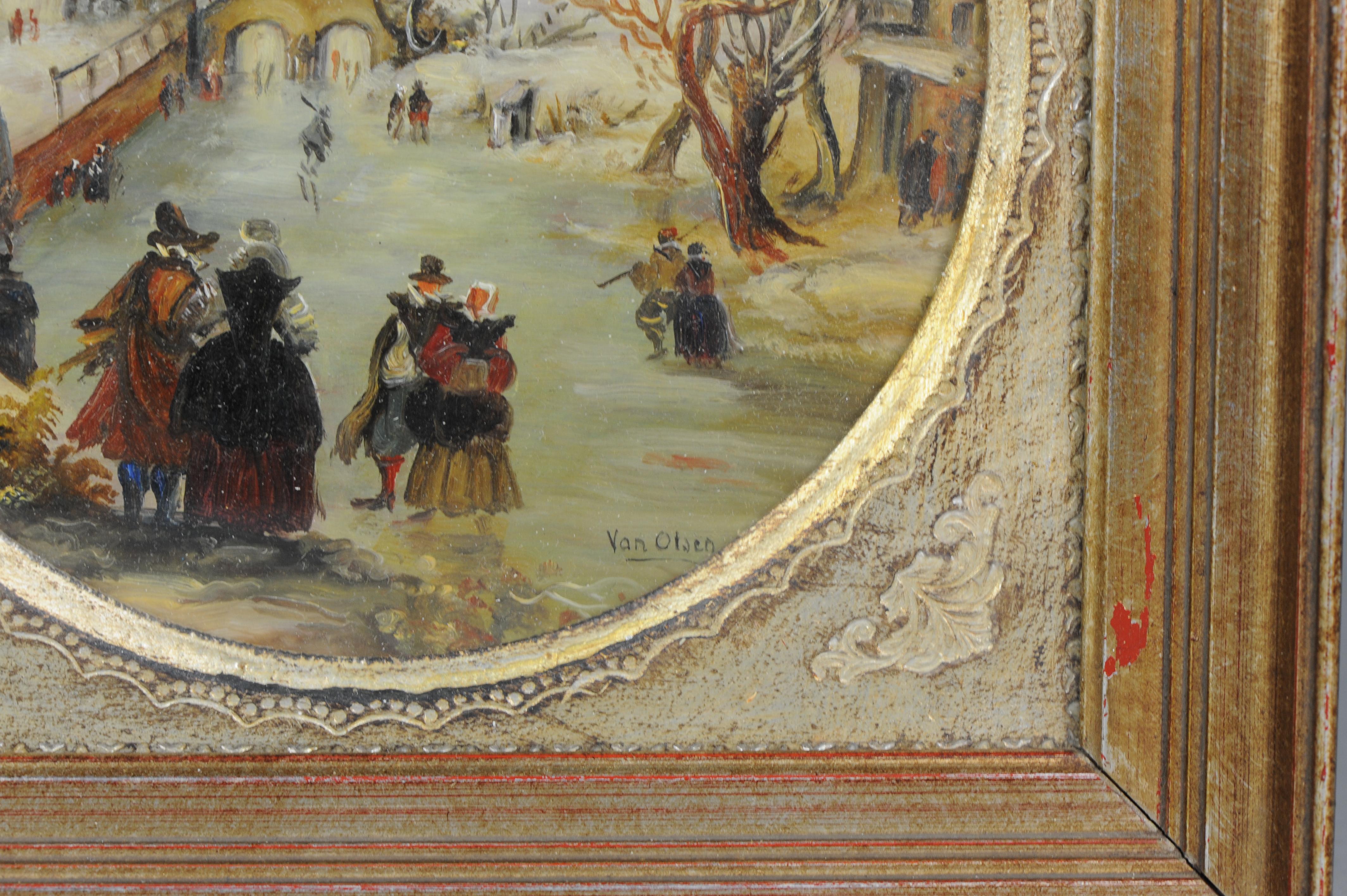 Romantic Lovely Set of Four Painting Dutch Winter Landscape in 17th Century Style For Sale