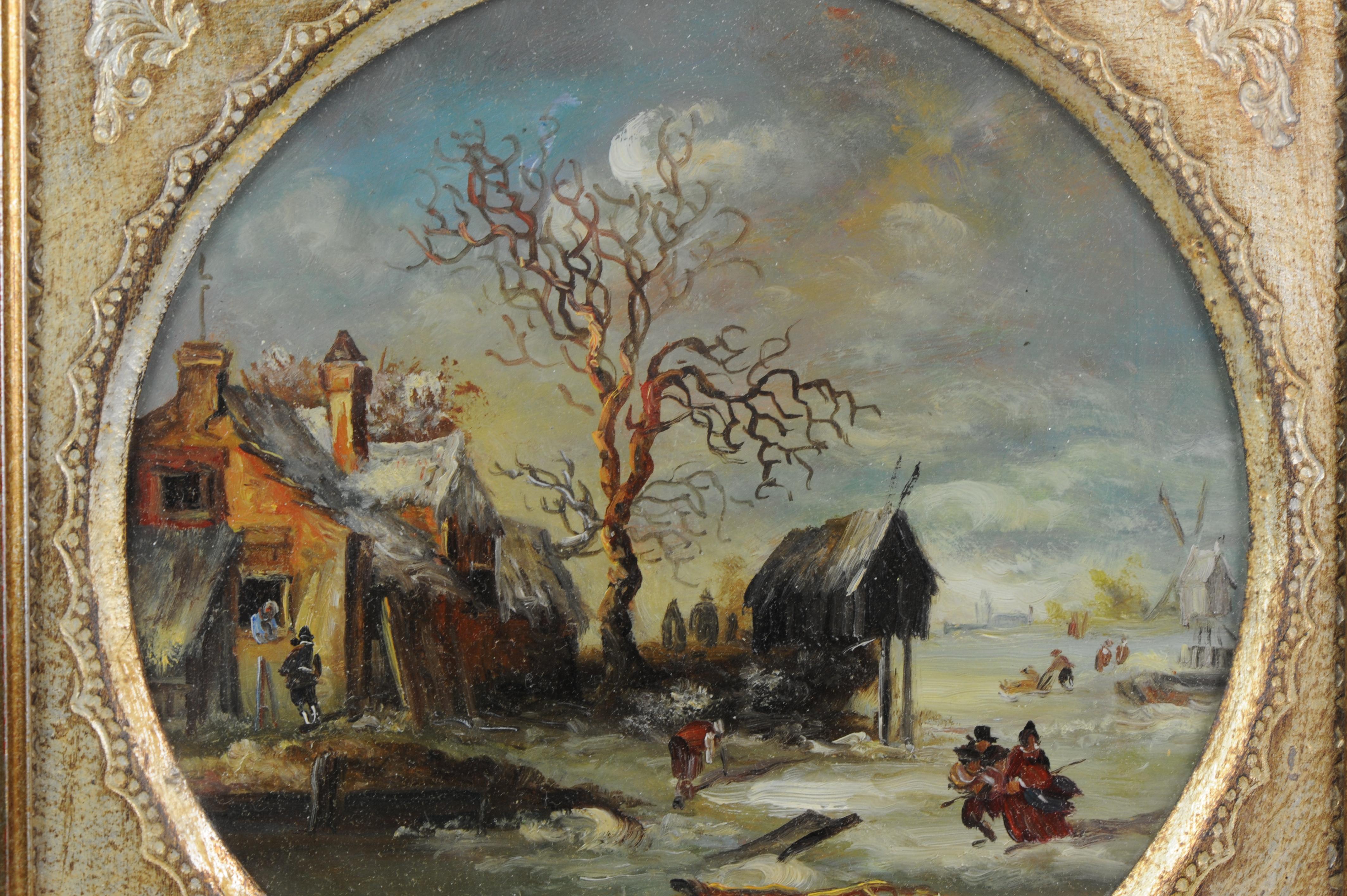 Lovely Set of Four Painting Dutch Winter Landscape in 17th Century Style For Sale 2