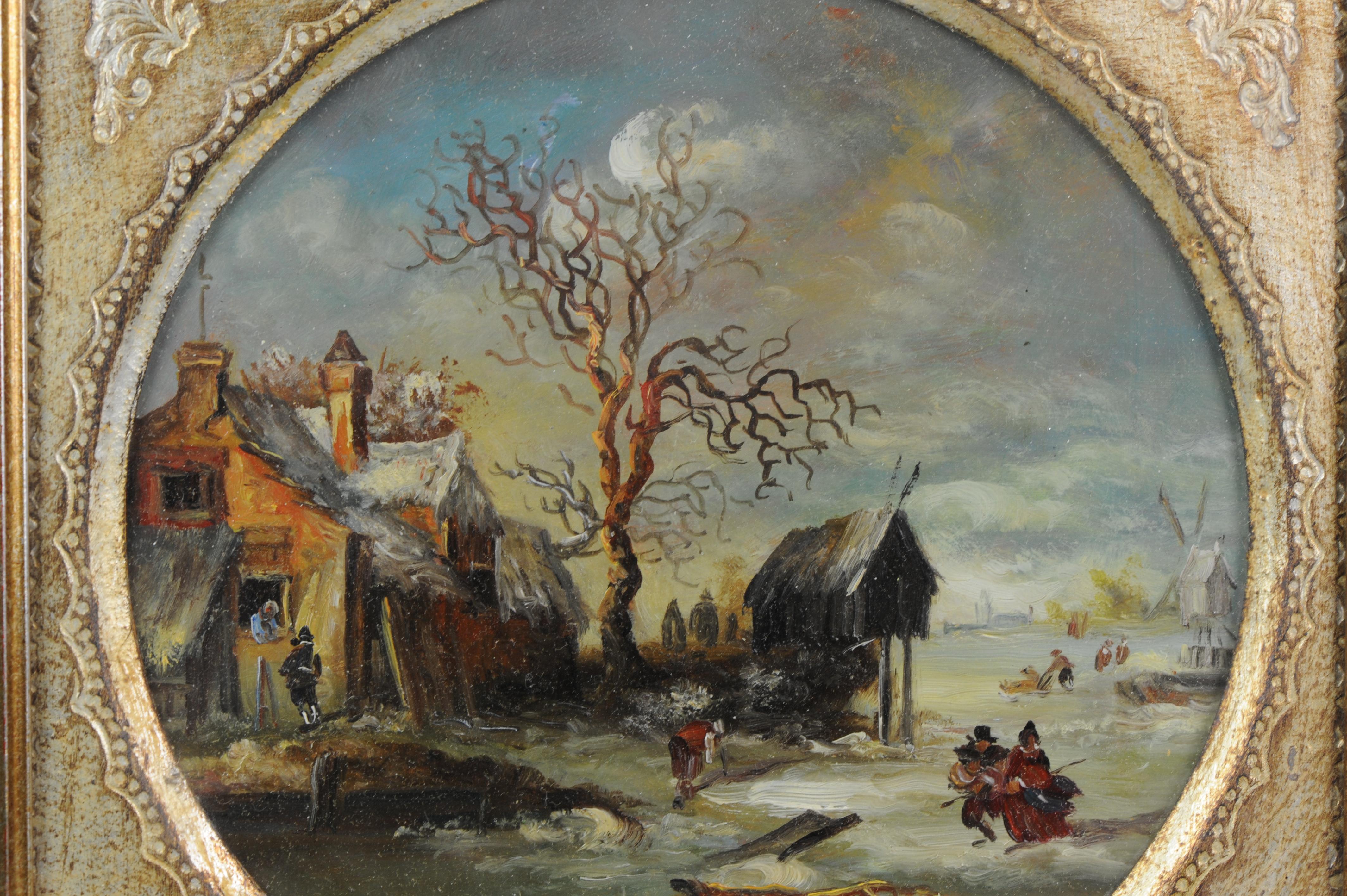 Precioso Conjunto de Cuatro Pinturas Holandesas de Paisajes Invernales al Estilo del Siglo XVII en venta 1