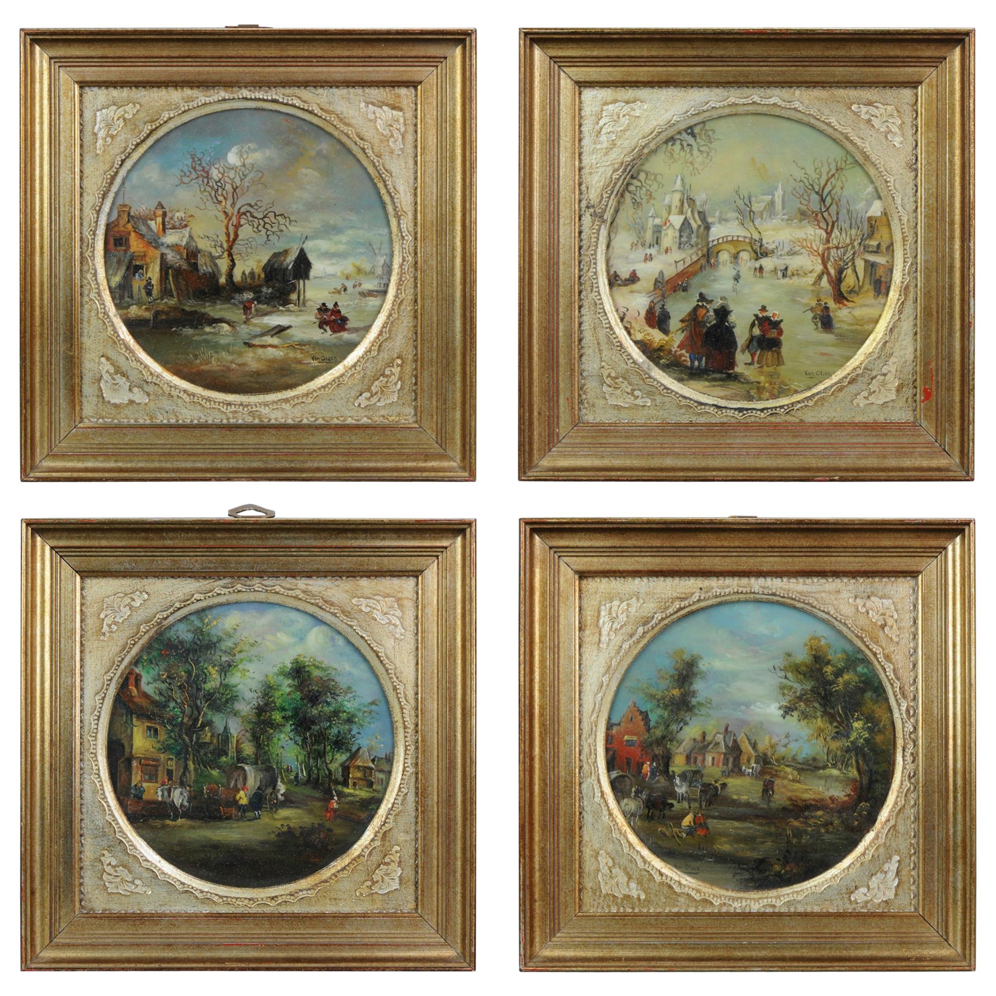 Lovely Set of Four Painting Dutch Winter Landscape in 17th Century Style