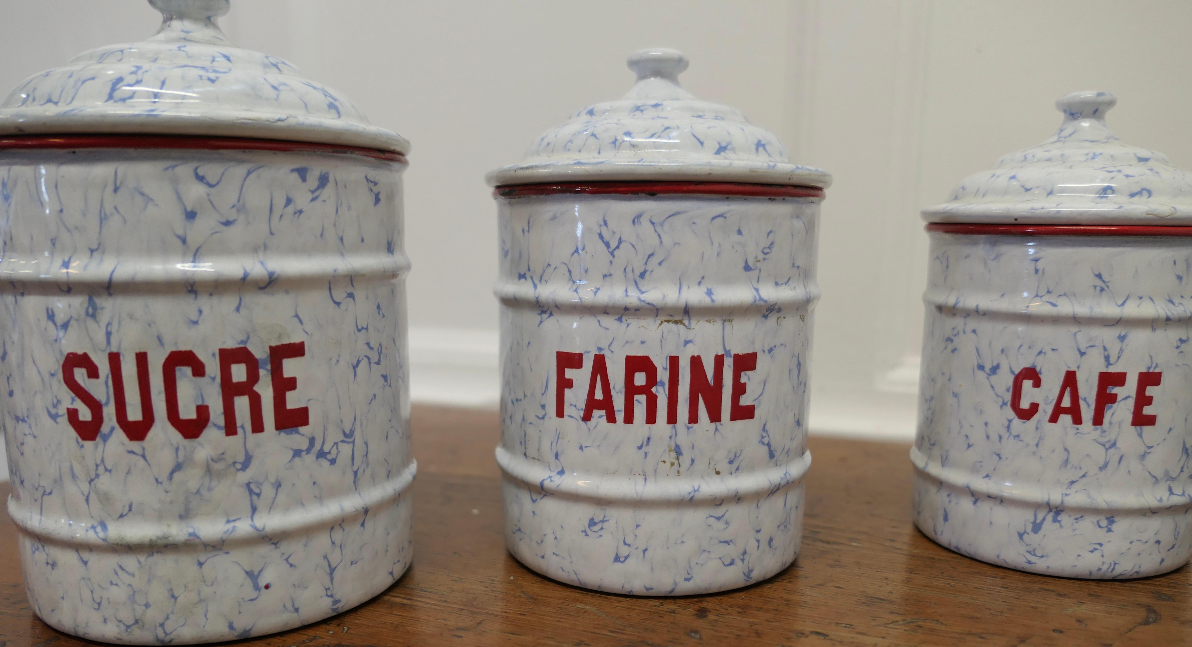 Art Deco Lovely Set of French Enamel Food Canisters Original French Enamel Canister Set For Sale