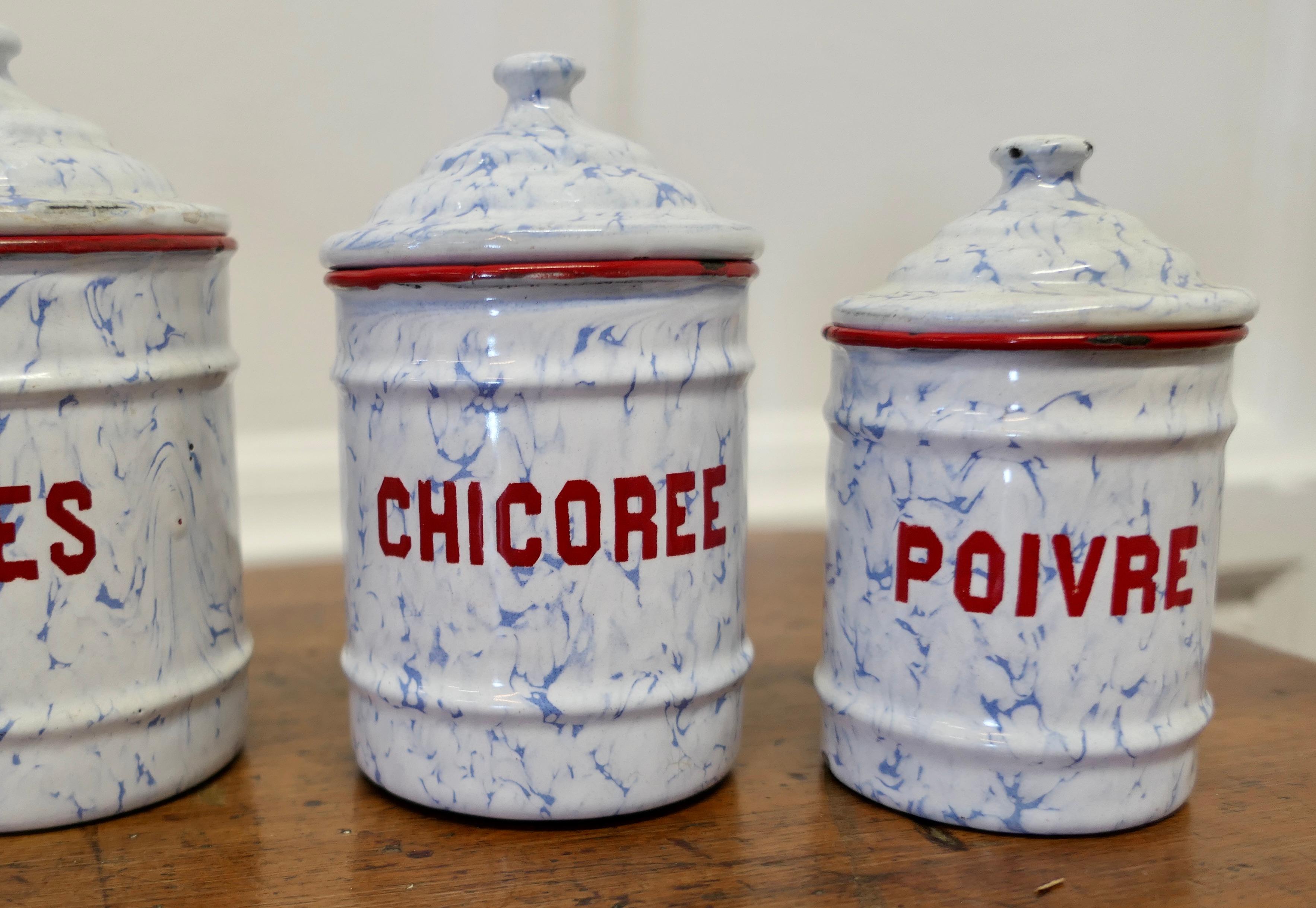 Lovely Set of French Enamel Food Canisters Original French Enamel Canister Set In Good Condition For Sale In Chillerton, Isle of Wight