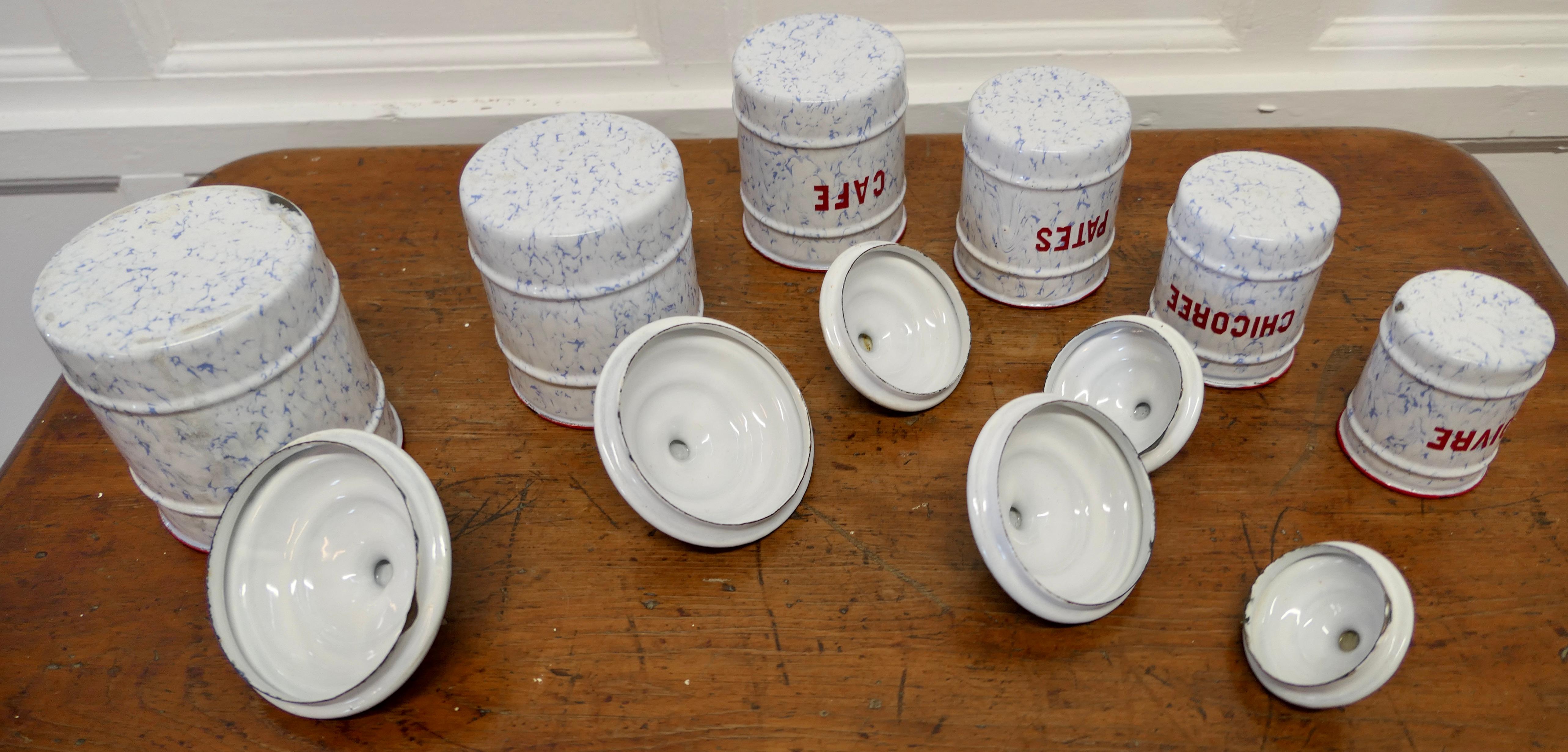 Lovely Set of French Enamel Food Canisters Original French Enamel Canister Set For Sale 1