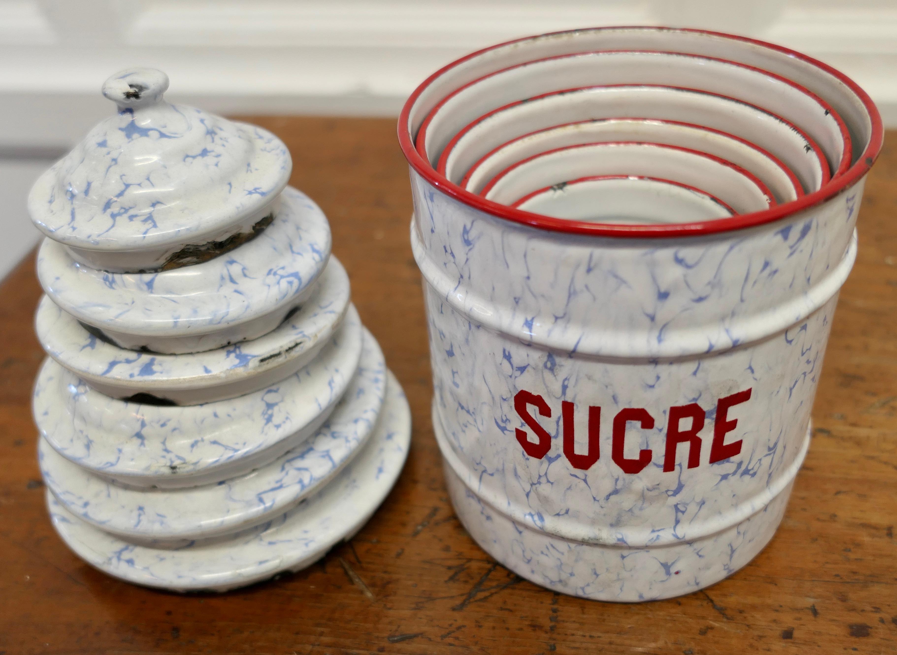 Lovely Set of French Enamel Food Canisters Original French Enamel Canister Set For Sale 3