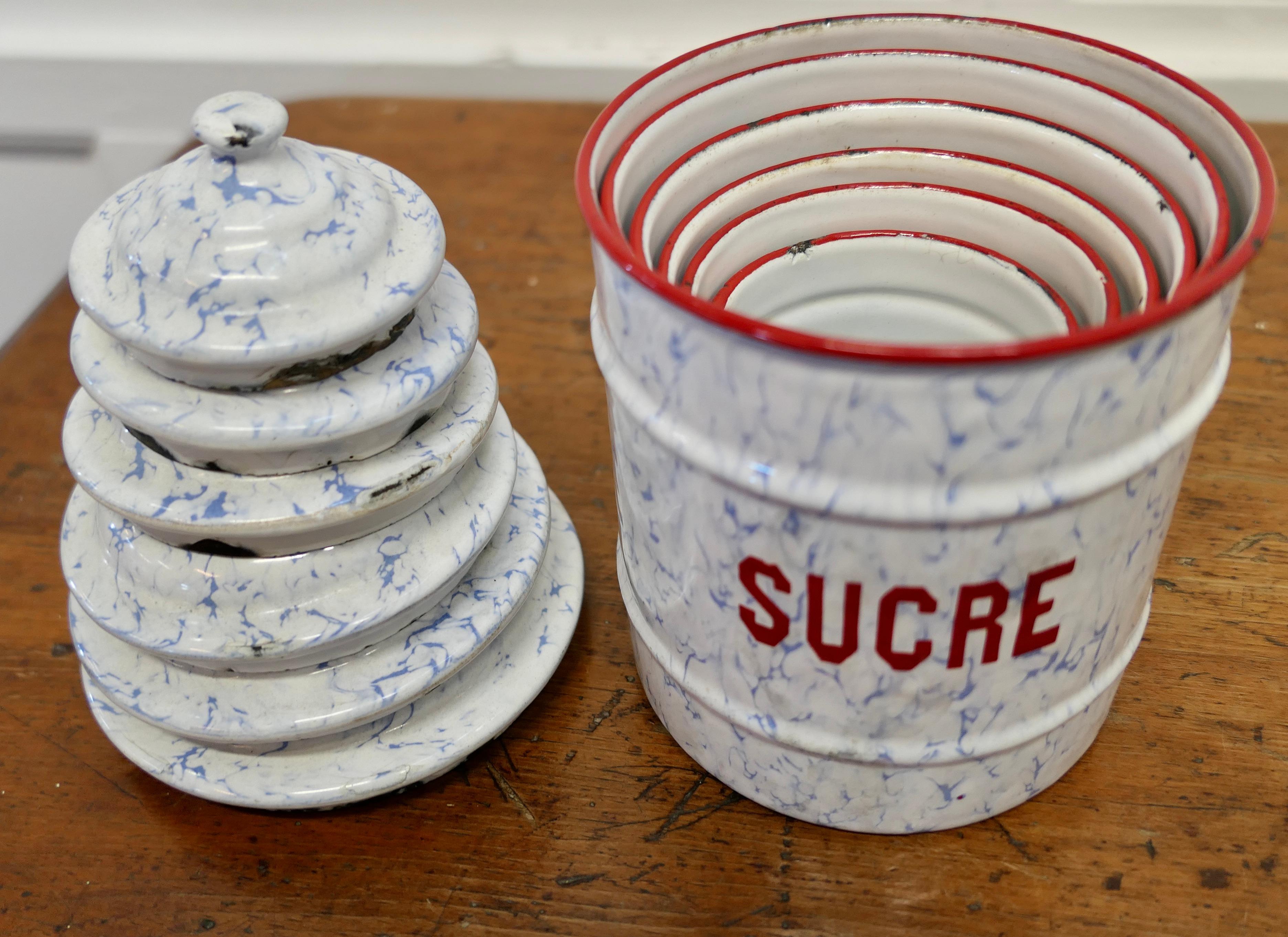 Lovely Set of French Enamel Food Canisters Original French Enamel Canister Set For Sale 4