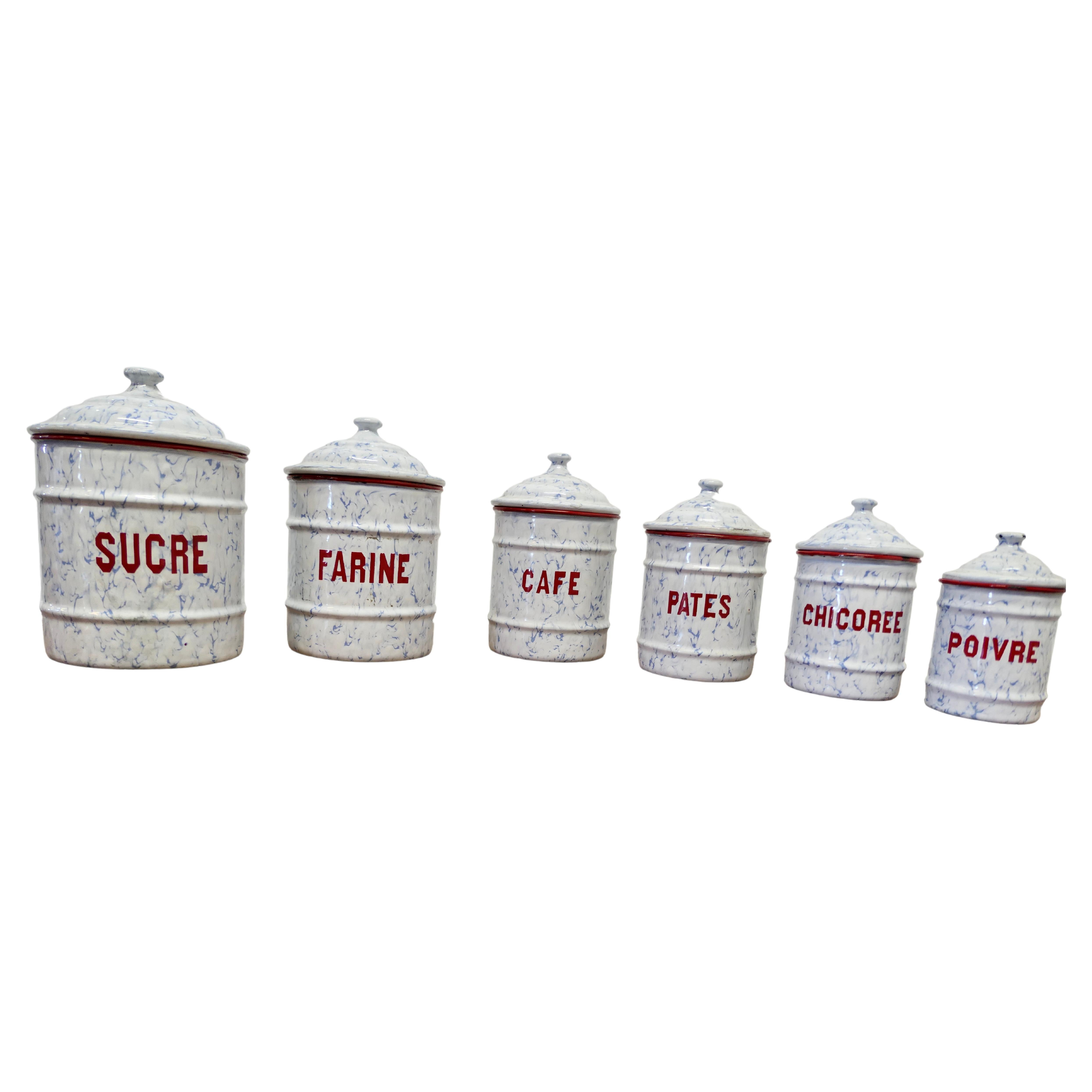 Lovely Set of French Enamel Food Canisters Original French Enamel Canister Set For Sale