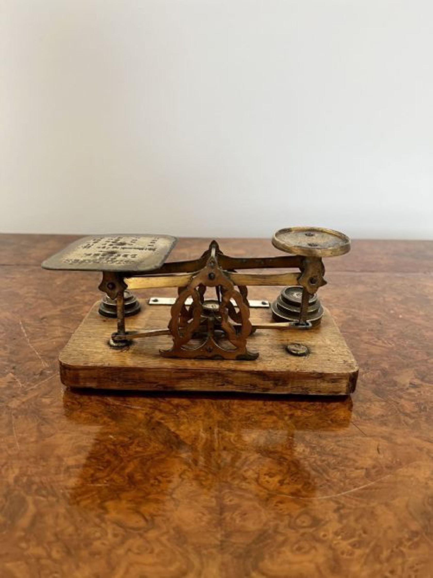 Lovely set of quality antique Victorian letter and postal scales and weights having a quality set of original antique Victorian postal scales with original brass weights 