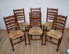 Lovely Set of Six Dutch Ladder Back Oak Rush Wicker 1880's Dining Chairs