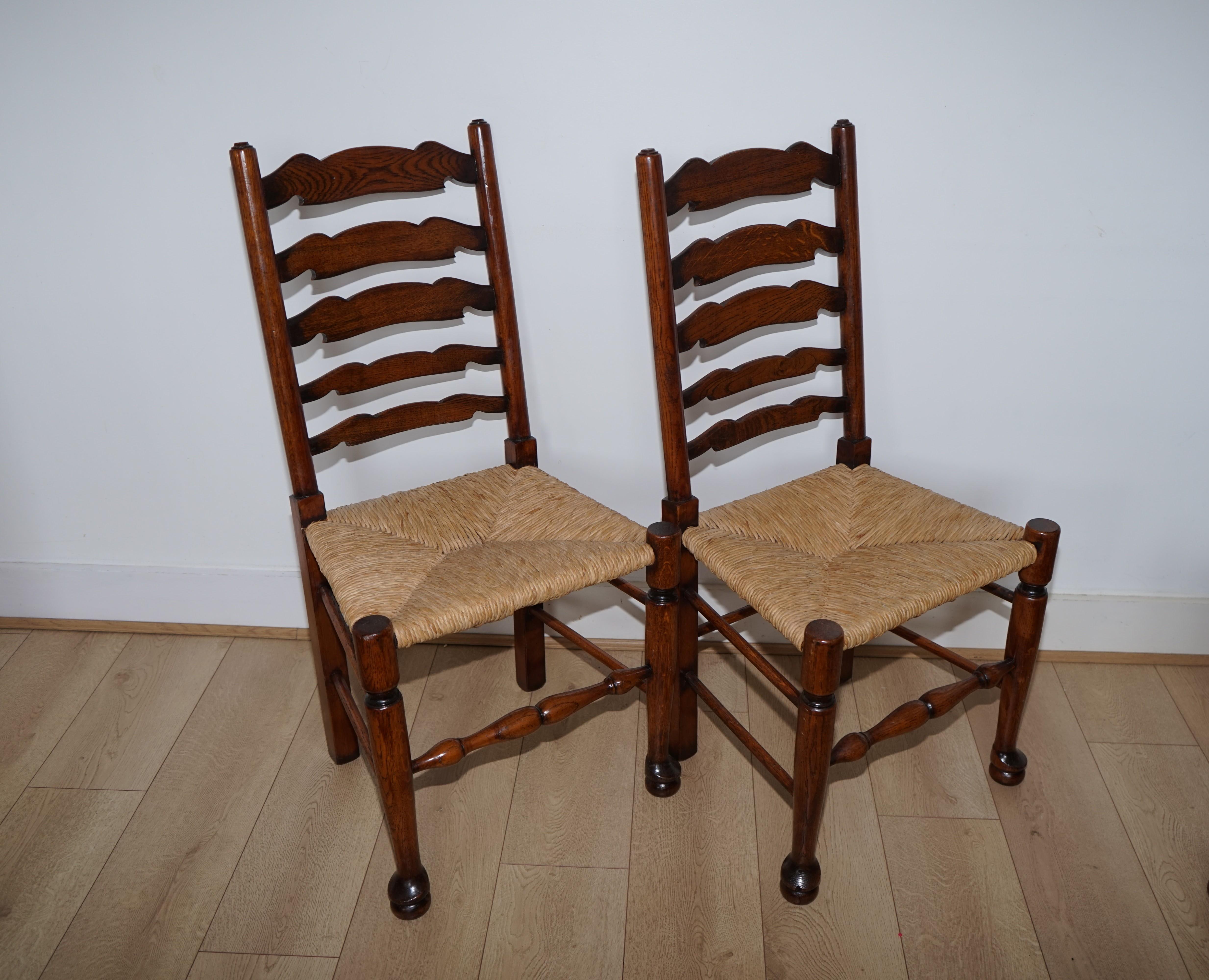 Hand-Crafted Lovely Set of Six Dutch Ladder Back Oak Rush Wicker 1880's Dining Chairs