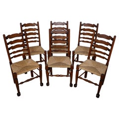 Antique Lovely Set of Six Dutch Ladder Back Oak Rush Wicker 1880's Dining Chairs