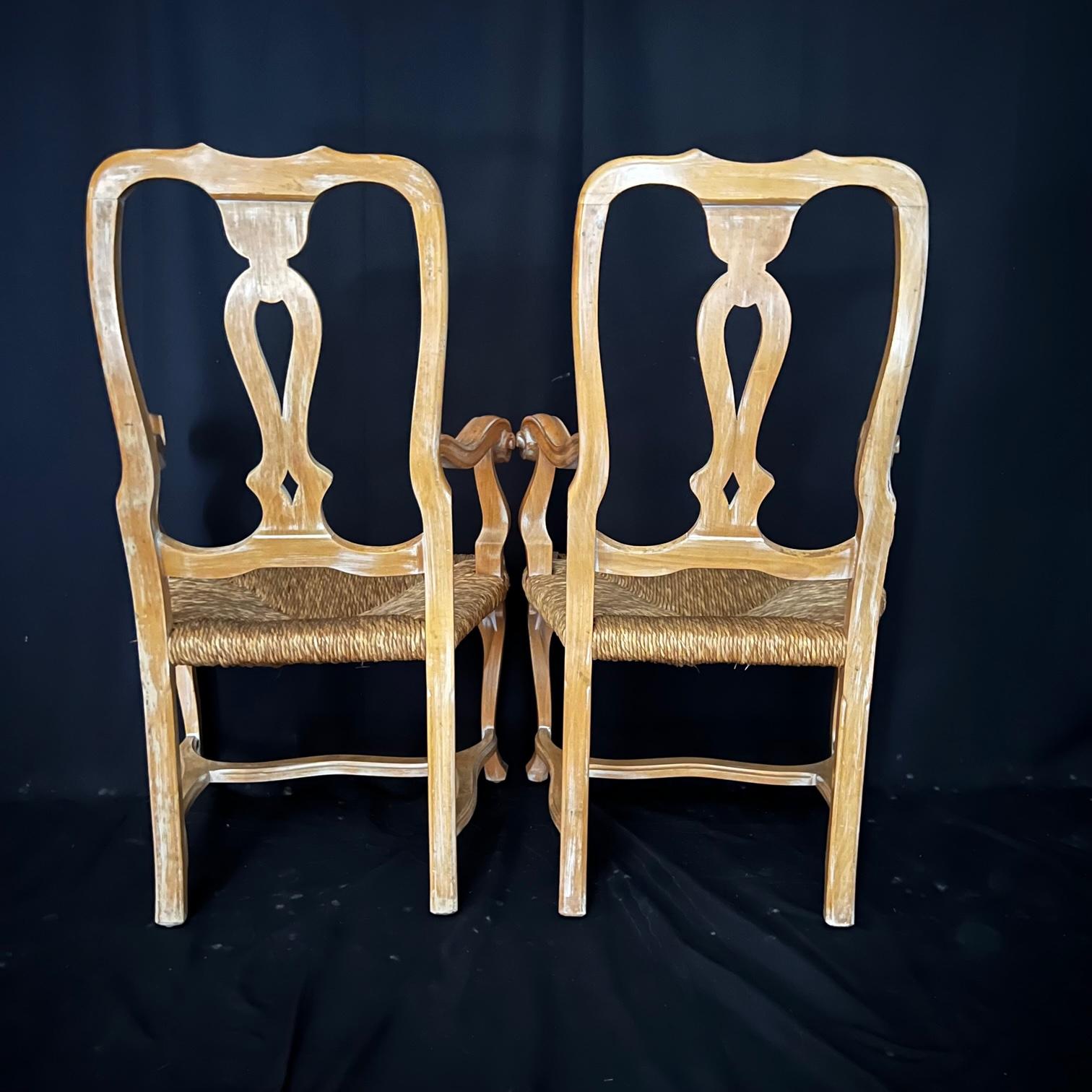 Lovely Set of Six French Rush Seat Cerused Walnut Louis XV Style Dining Chairs For Sale 6