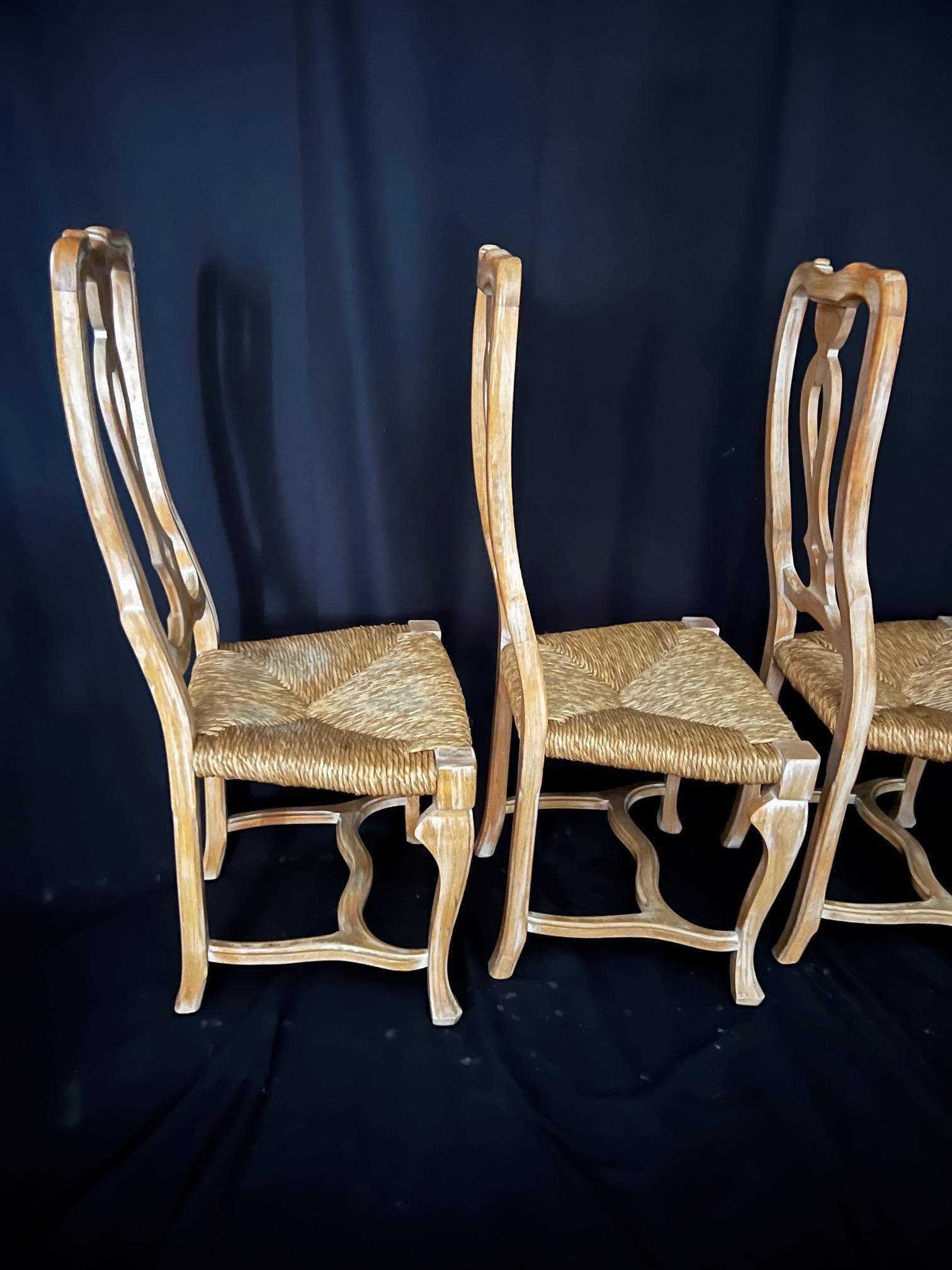 Lovely Set of Six French Rush Seat Cerused Walnut Louis XV Style Dining Chairs For Sale 7