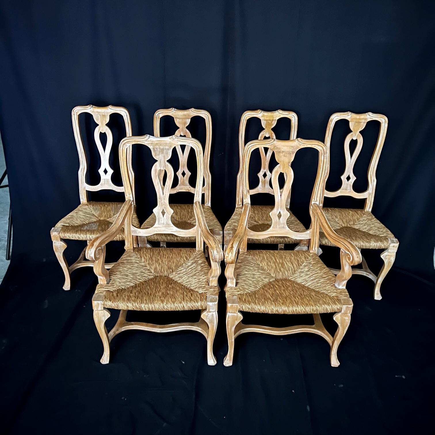 Lovely Set of Six French Rush Seat Cerused Walnut Louis XV Style Dining Chairs For Sale 8
