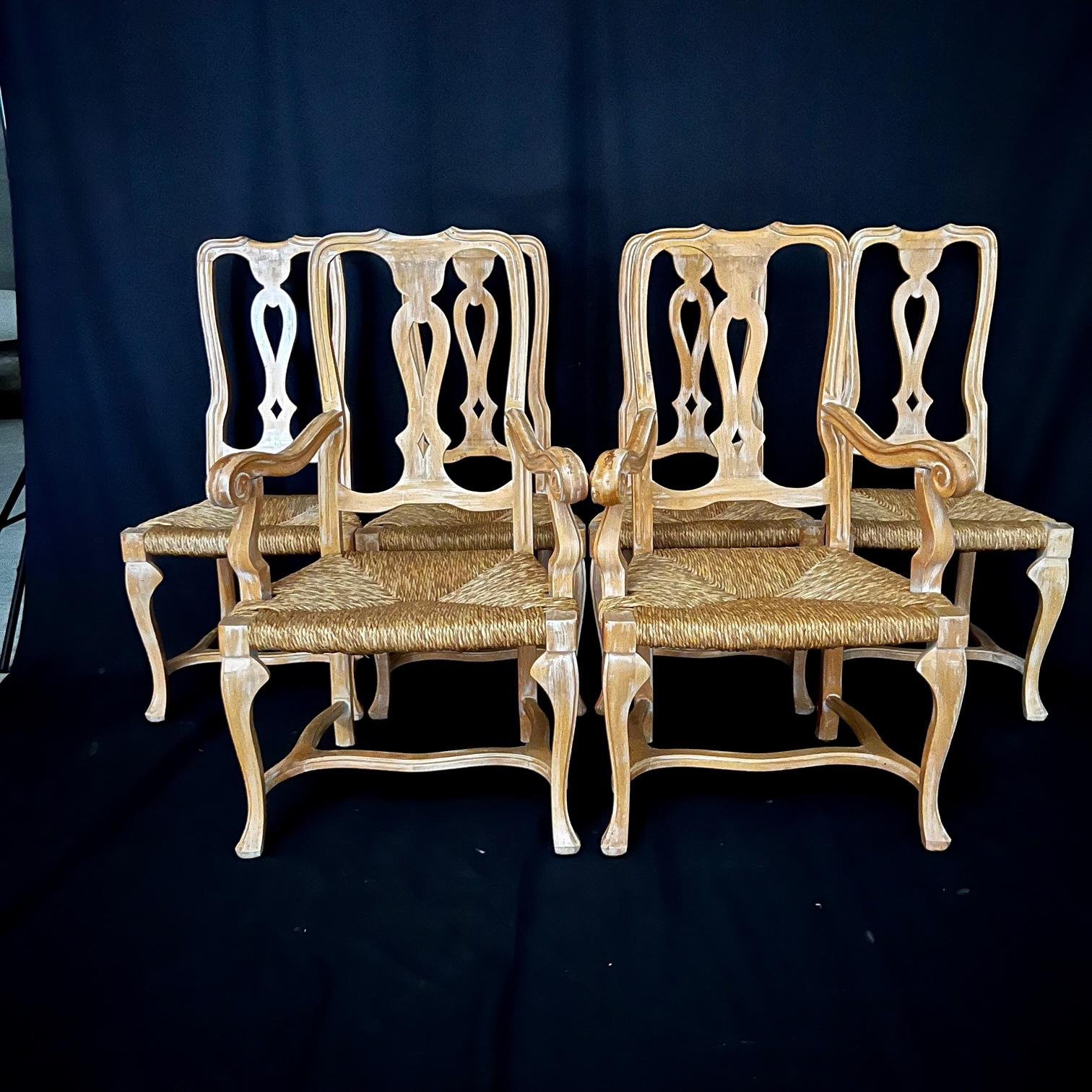 Lovely Set of Six French Rush Seat Cerused Walnut Louis XV Style Dining Chairs For Sale 9