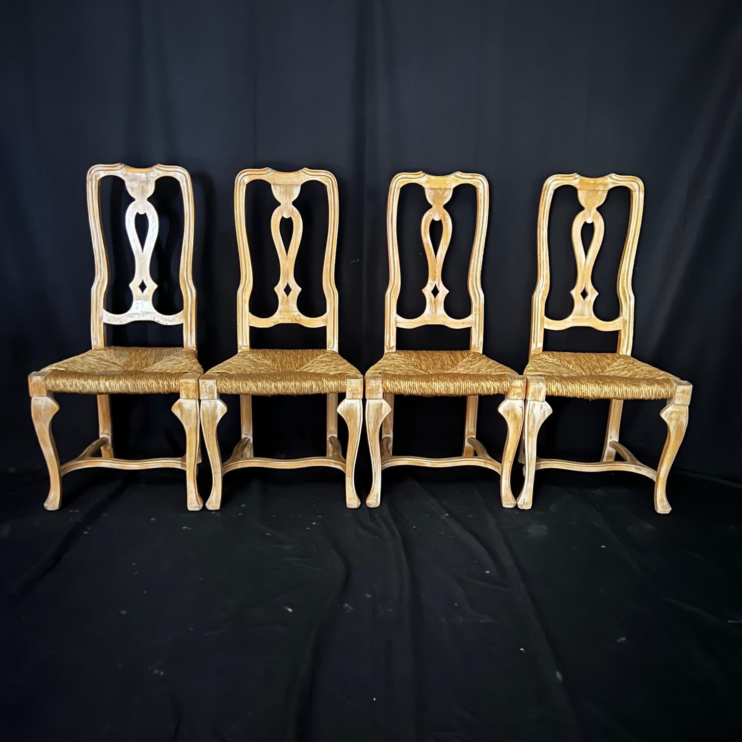 Lovely Set of Six French Rush Seat Cerused Walnut Louis XV Style Dining Chairs For Sale 1