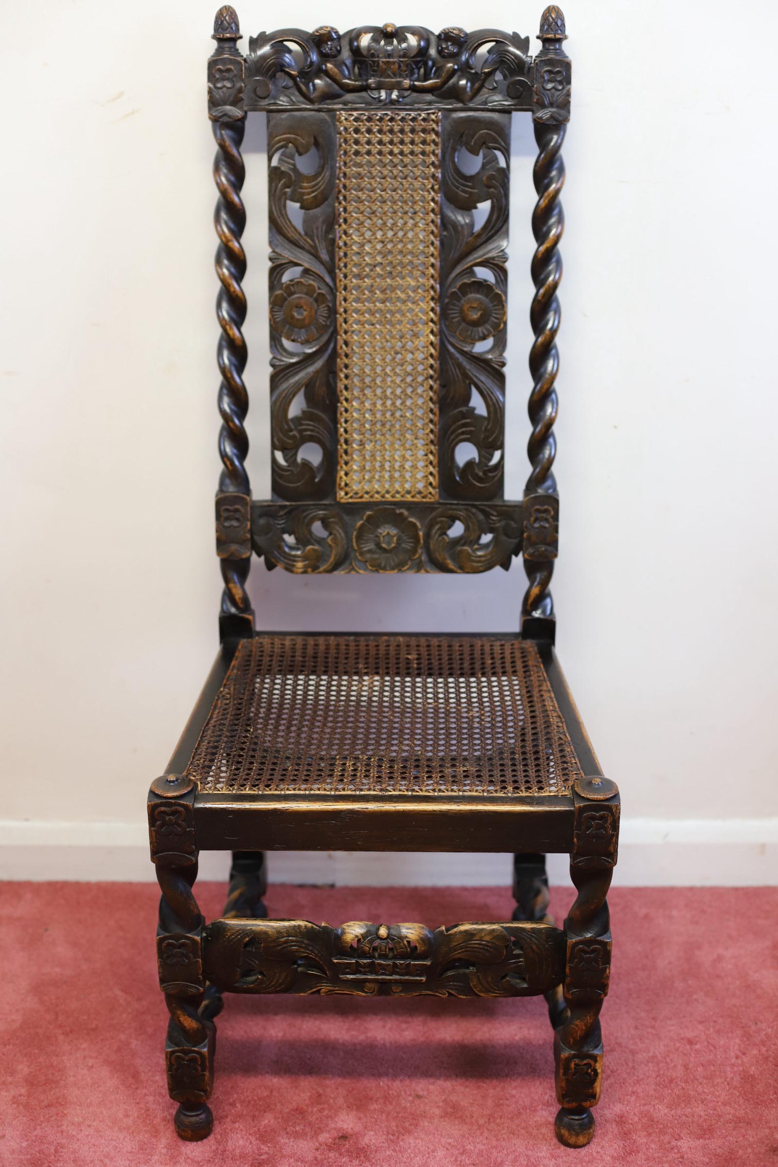 Lovely Set Of Six  Victorian Carved Oak Carolean-Style Dining Chairs For Sale 3