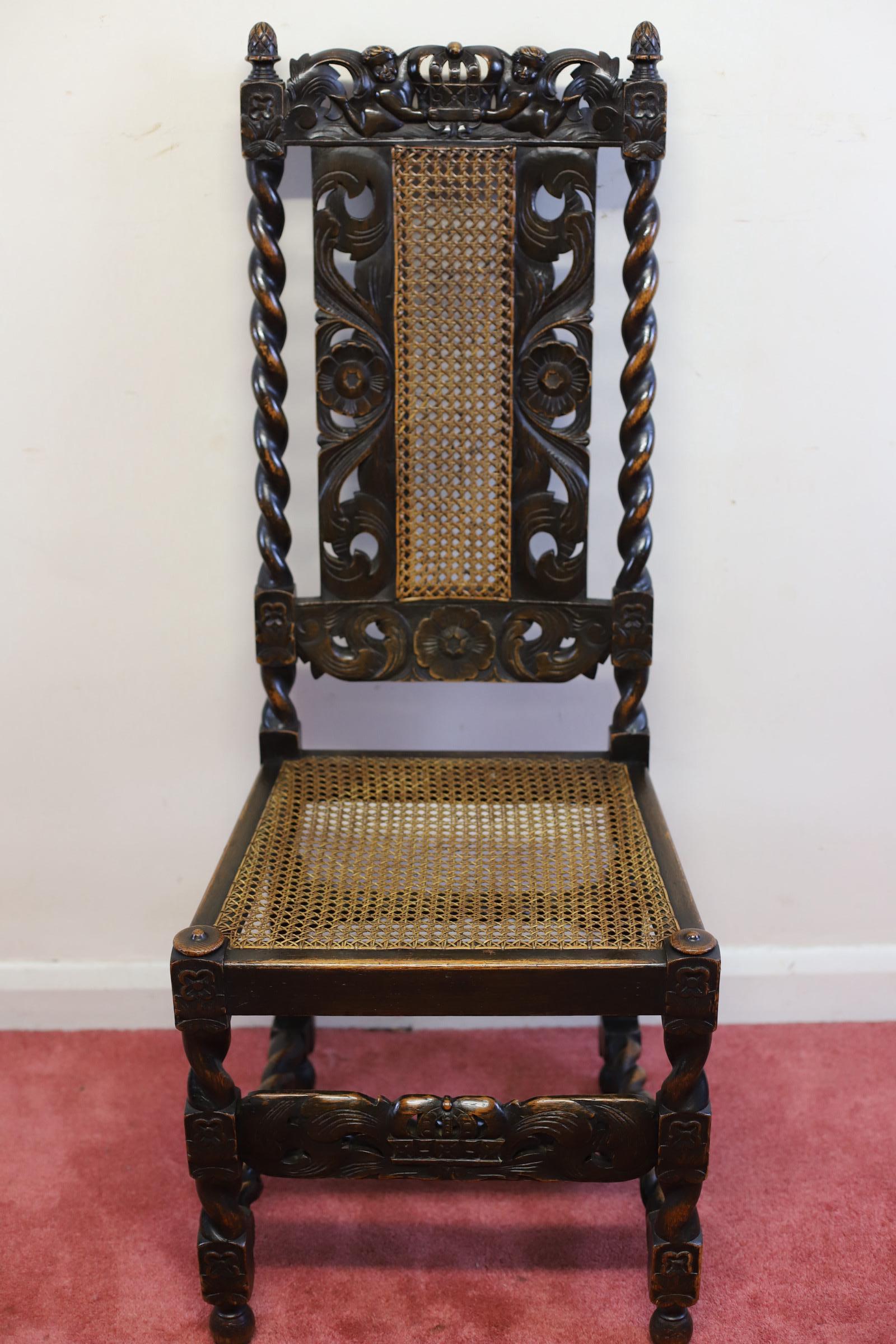 Lovely Set Of Six  Victorian Carved Oak Carolean-Style Dining Chairs For Sale 6
