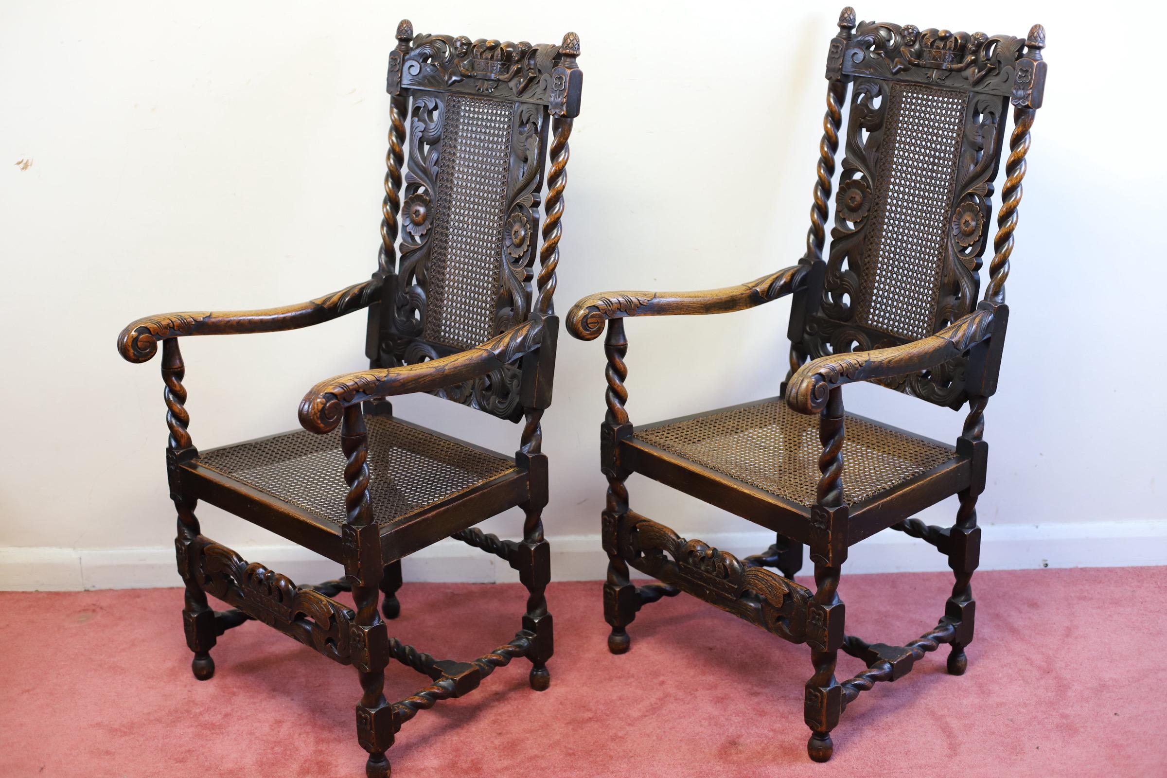 Lovely Set Of Six  Victorian Carved Oak Carolean-Style Dining Chairs For Sale 7