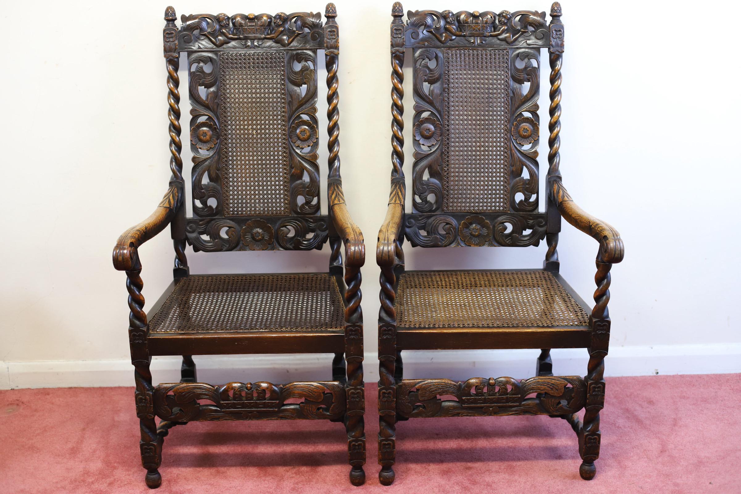 Lovely Set Of Six  Victorian Carved Oak Carolean-Style Dining Chairs For Sale 8