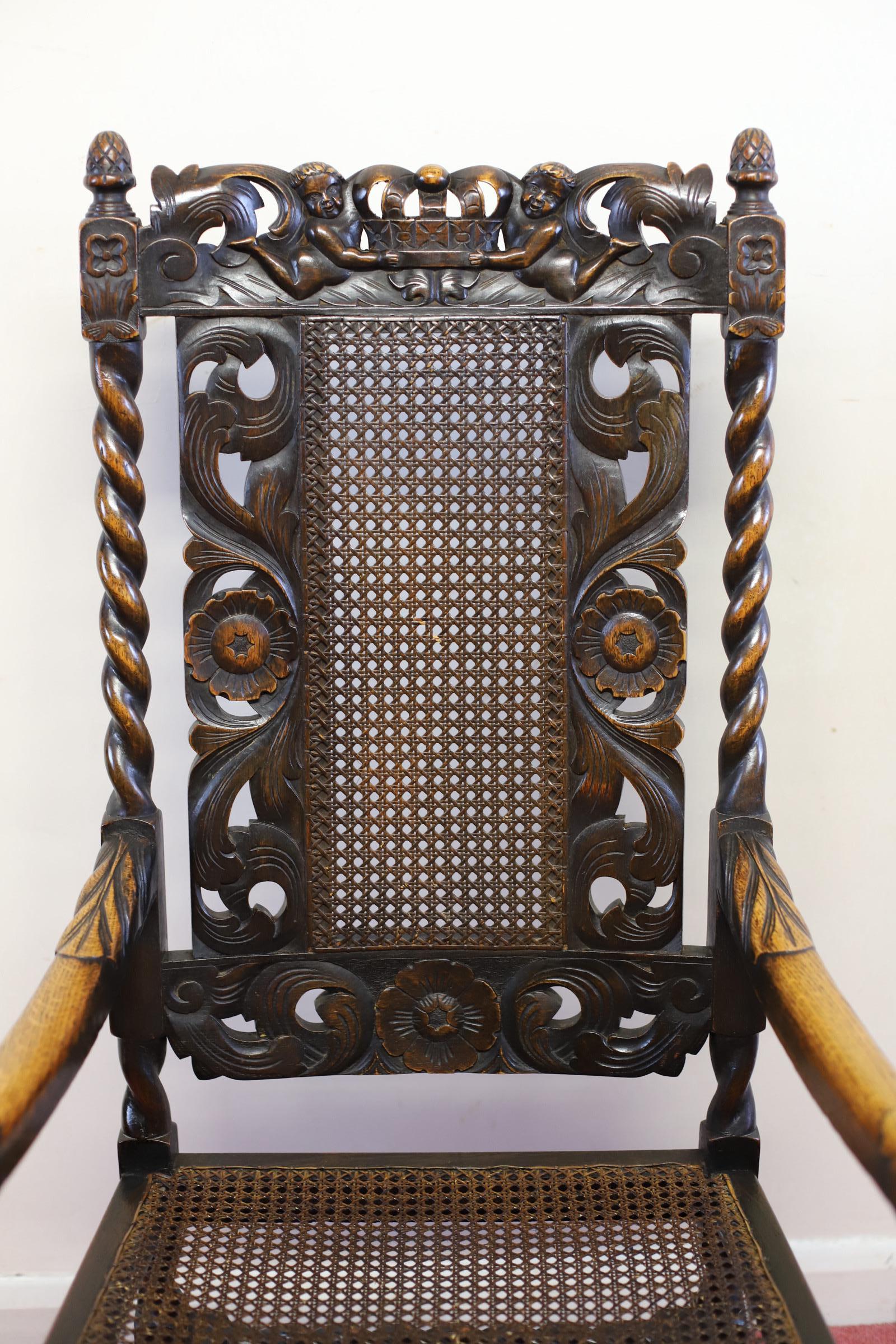 Lovely Set Of Six  Victorian Carved Oak Carolean-Style Dining Chairs For Sale 12