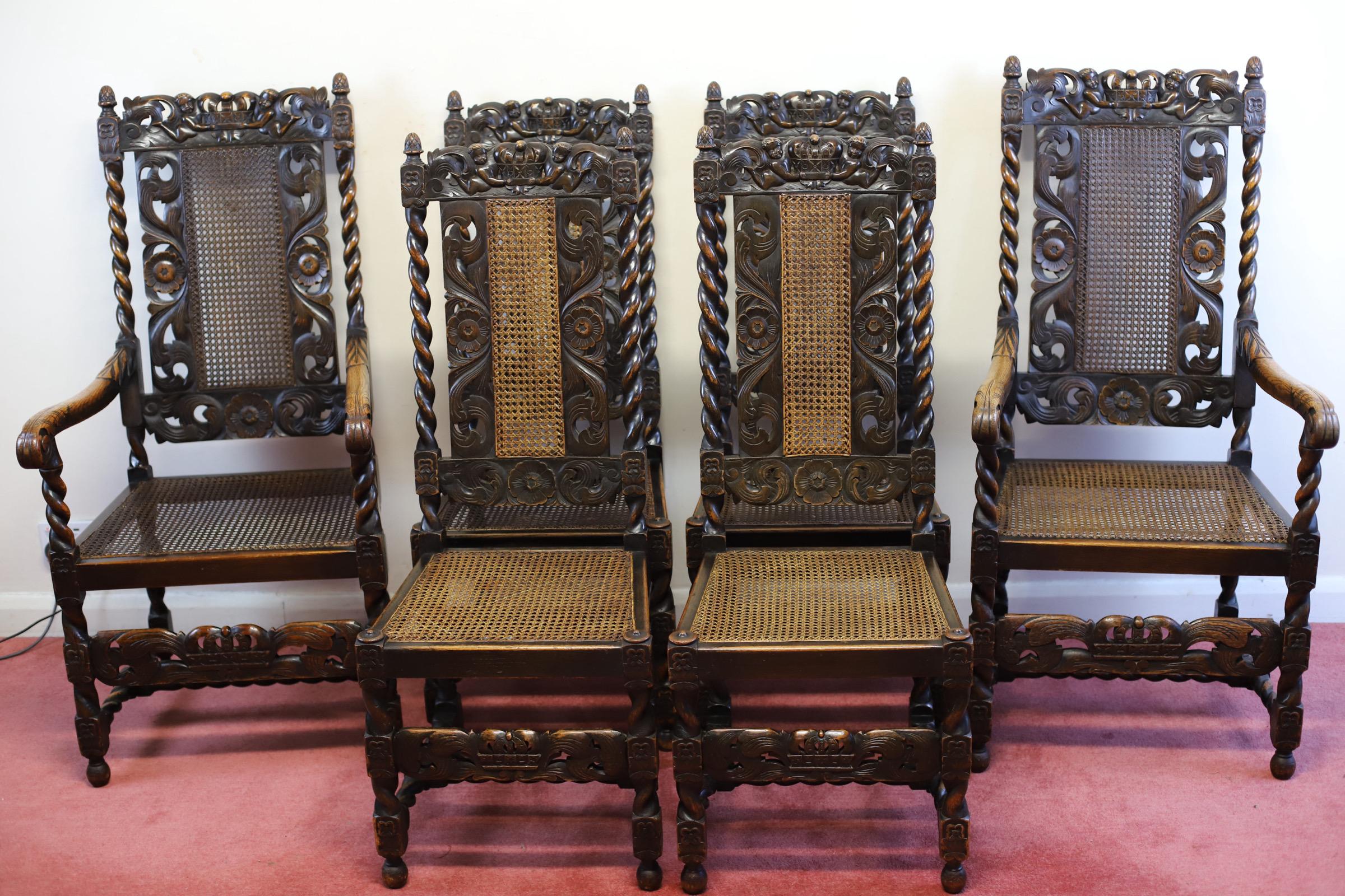 We delight to offer for sale this fantastic Set of Six (4+2) Victorian Carved Oak Carolean-Style Dining Chairs, late 19th century, with removable squab cushions and single-cane back support and seat, the carved top rails surmounted by a crown and