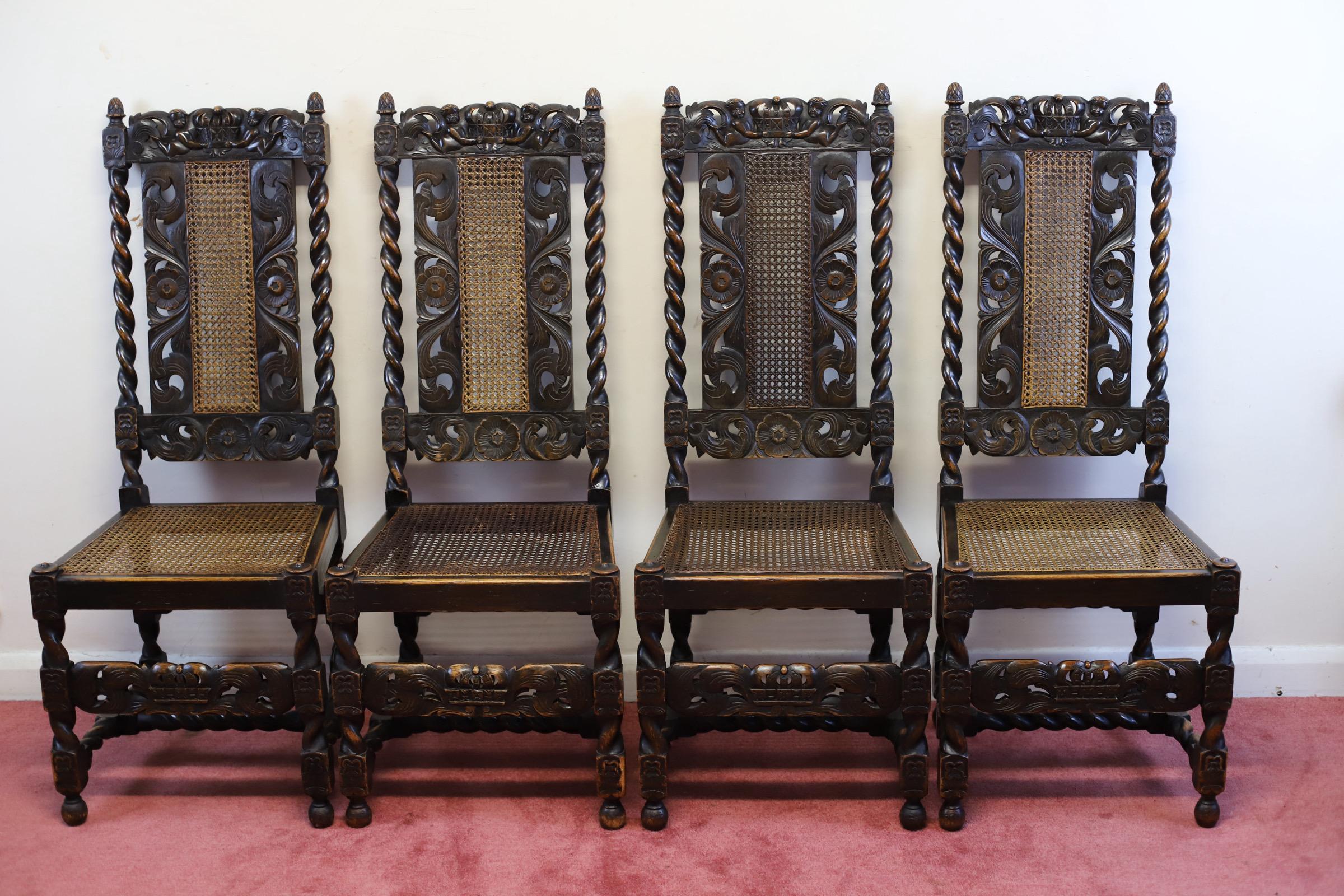 Late Victorian Lovely Set Of Six  Victorian Carved Oak Carolean-Style Dining Chairs For Sale