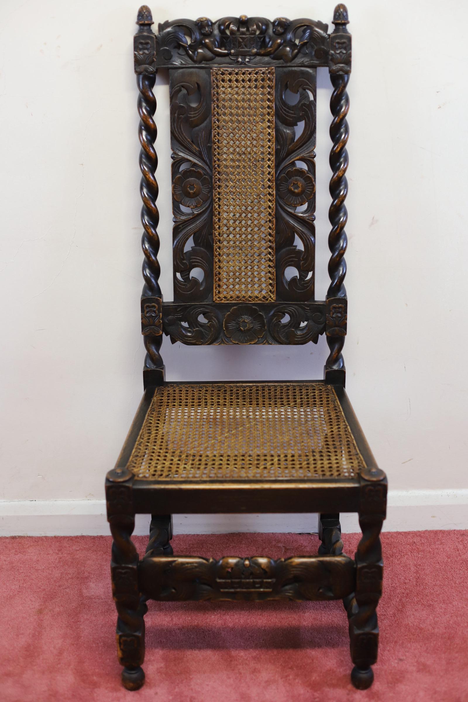 19th Century Lovely Set Of Six  Victorian Carved Oak Carolean-Style Dining Chairs For Sale