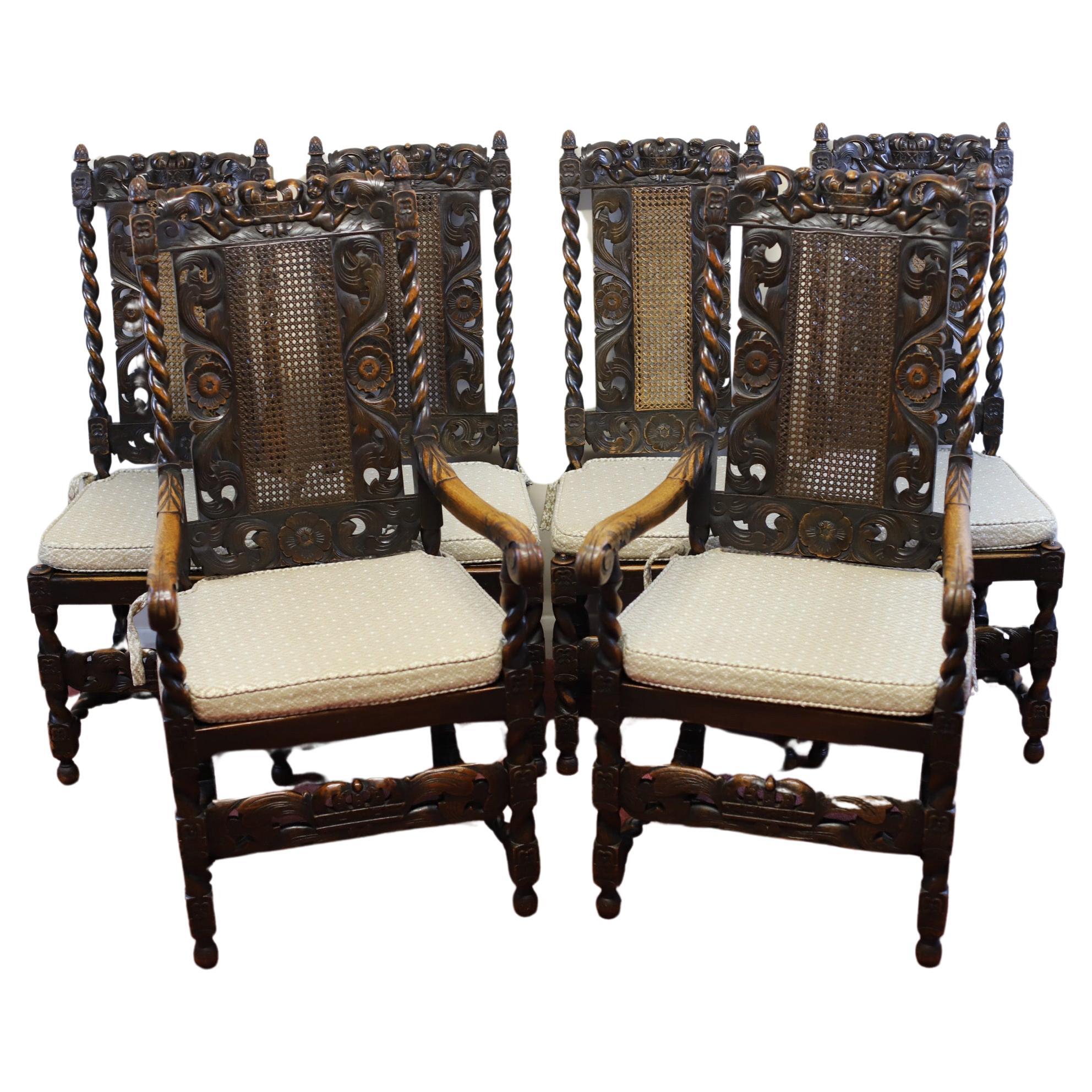 Lovely Set Of Six  Victorian Carved Oak Carolean-Style Dining Chairs For Sale