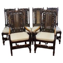 Antique Lovely Set Of Six  Victorian Carved Oak Carolean-Style Dining Chairs