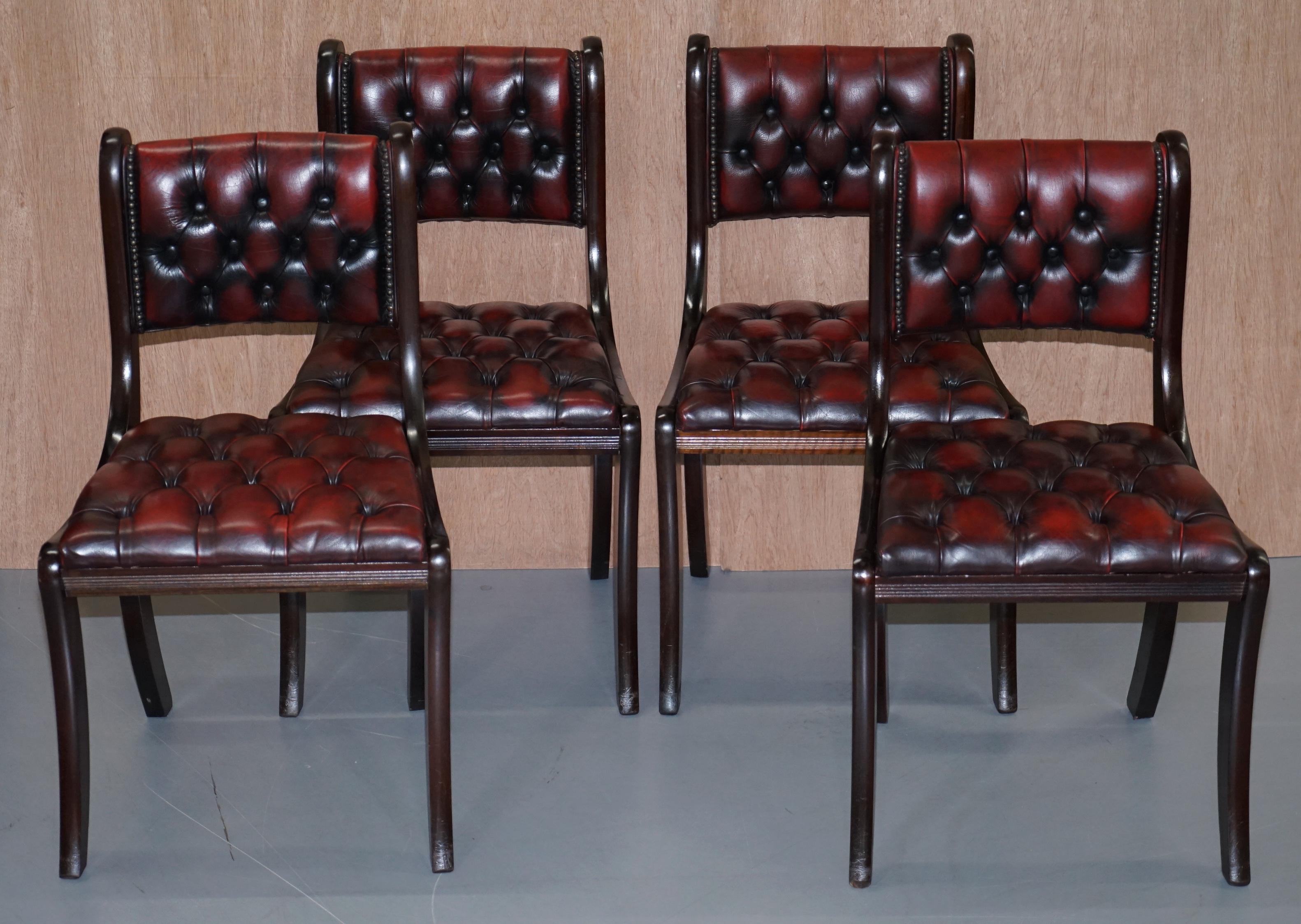 We are delighted to offer for sale this stunning set of six vintage Chesterfield aged oxblood leather dining chairs

A very good looking and well made suite, the frames are all mahogany, they have reeded legs running down from the back all the way