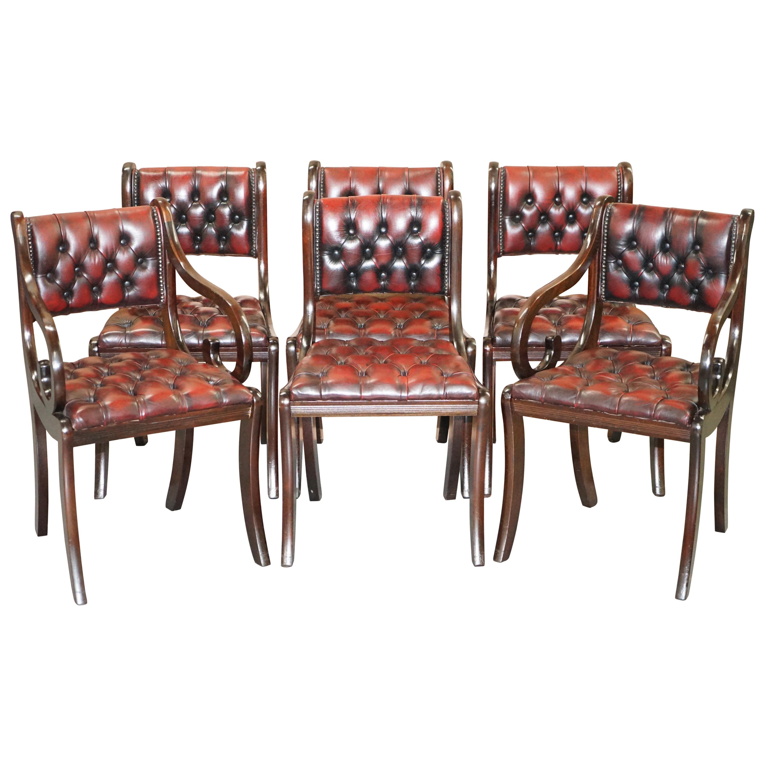 Lovely Set of Six Vintage Chesterfield Mahogany Framed Oxblood Dining Chairs 6