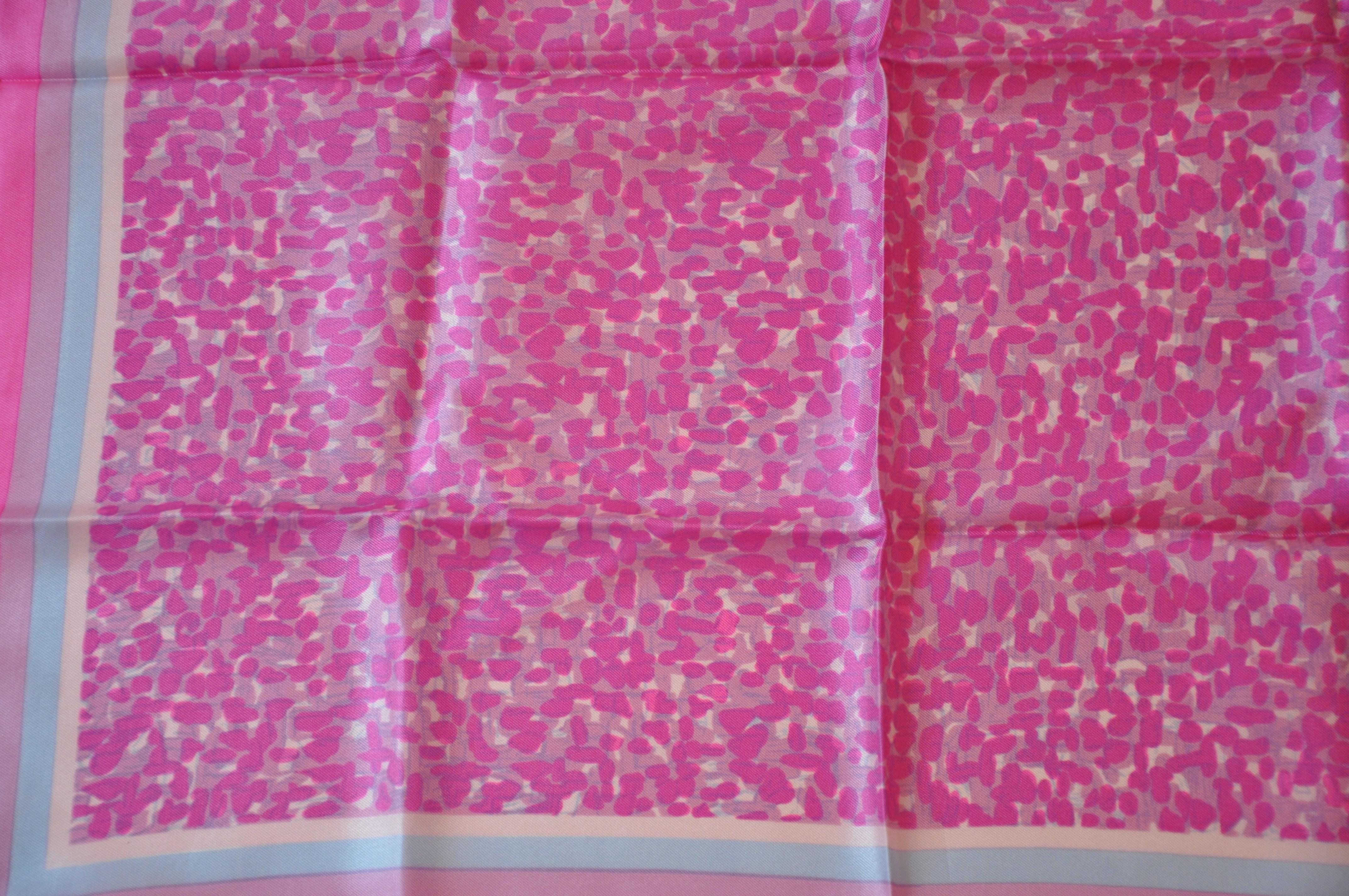 Lovely Shades of Fuchsia Specks Accented with Lavender Striped Border Silk Scarf For Sale 2