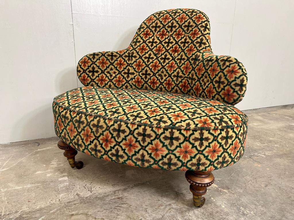 Fabric Lovely Shaped English Antique Victorian 'Swan' or 'Spoon' Arm Chair + foot stool For Sale