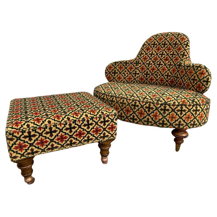 Lovely Shaped English Antique Victorian 'Swan' or 'Spoon' Arm Chair + foot stool For Sale