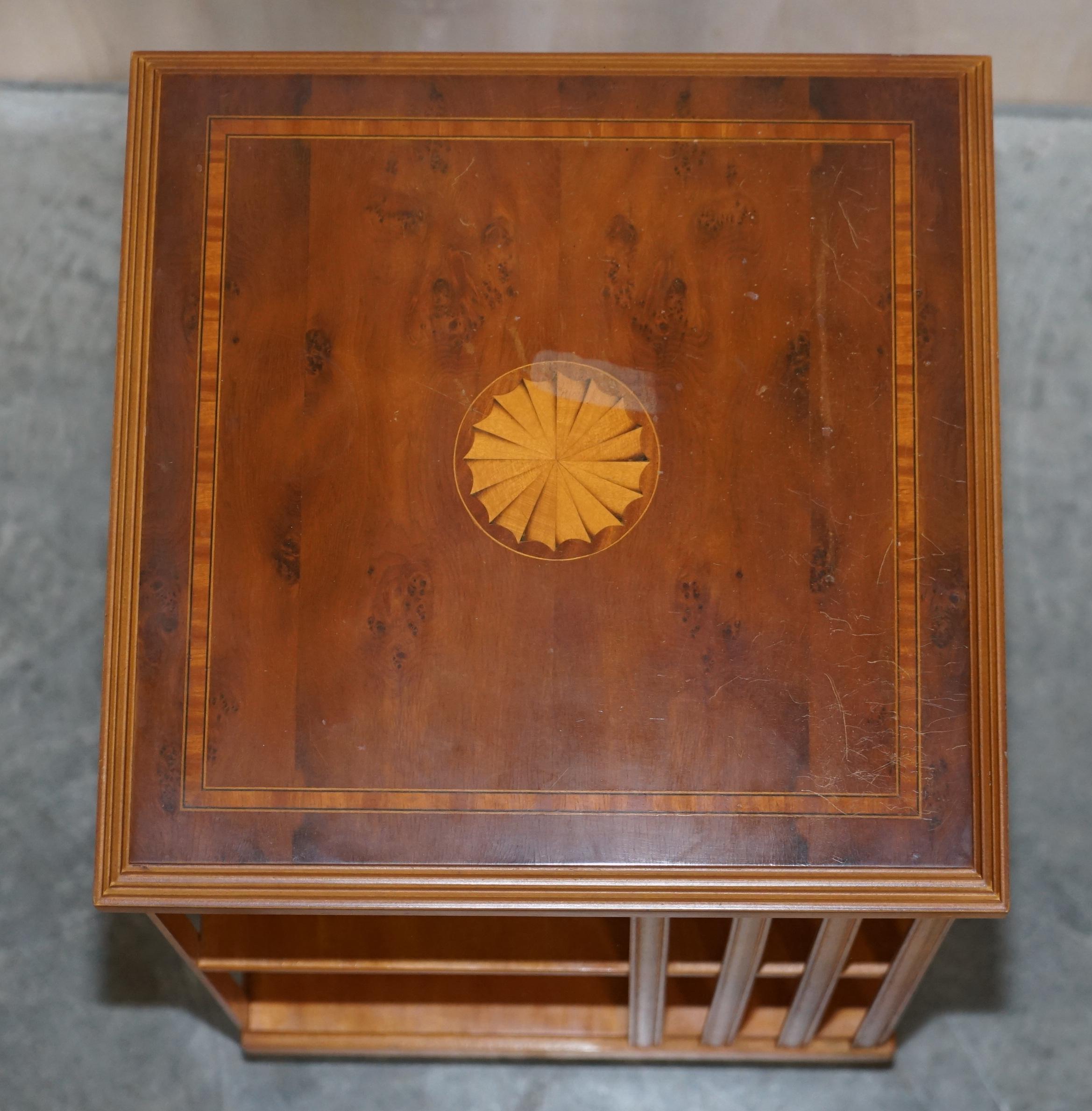 Hand-Crafted Lovely Sheraton Revival Burr Yew & Satinwood Revolving Bookcase Side End Table For Sale