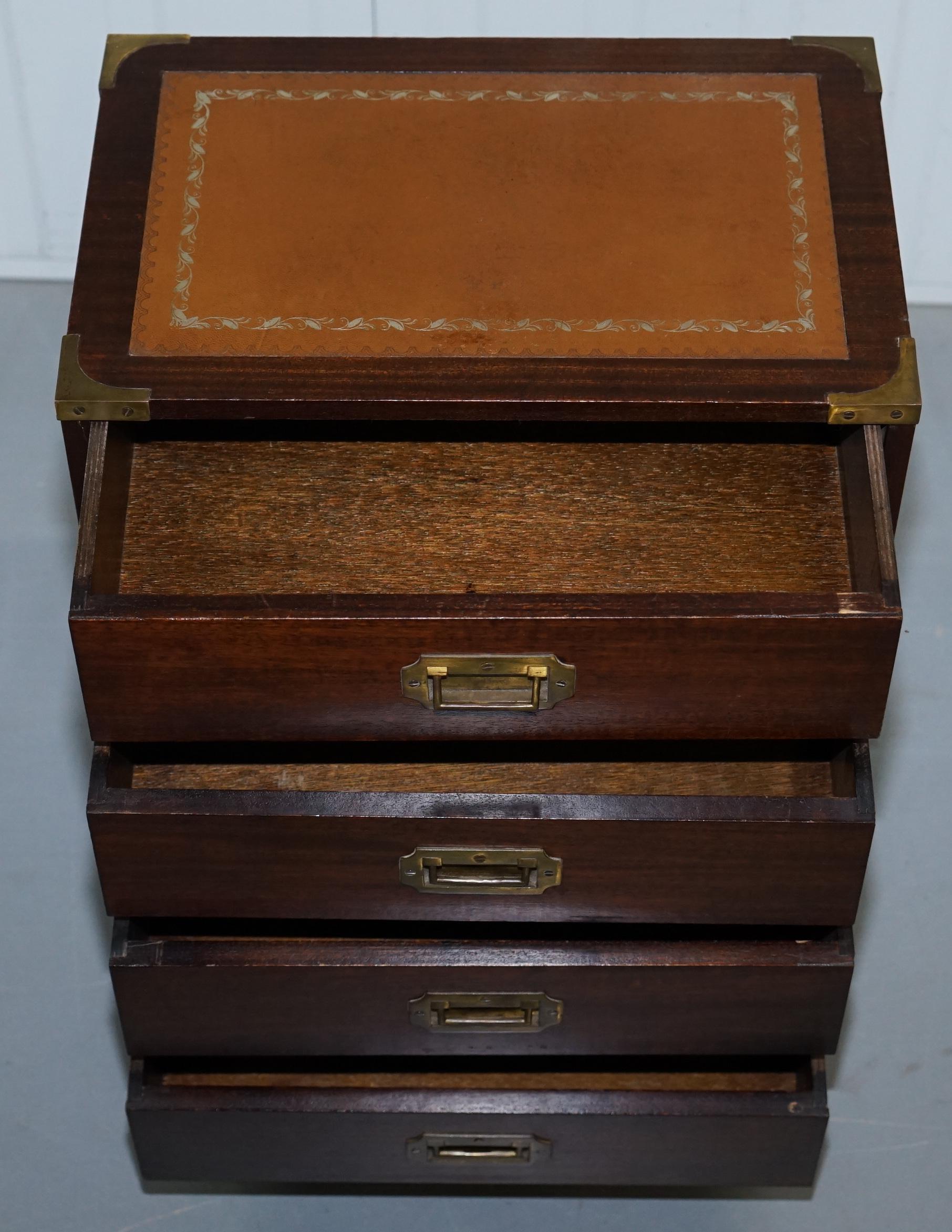 Lovely Side Table Sized Military Campaign Chest of Drawers Brown Leather Top 3