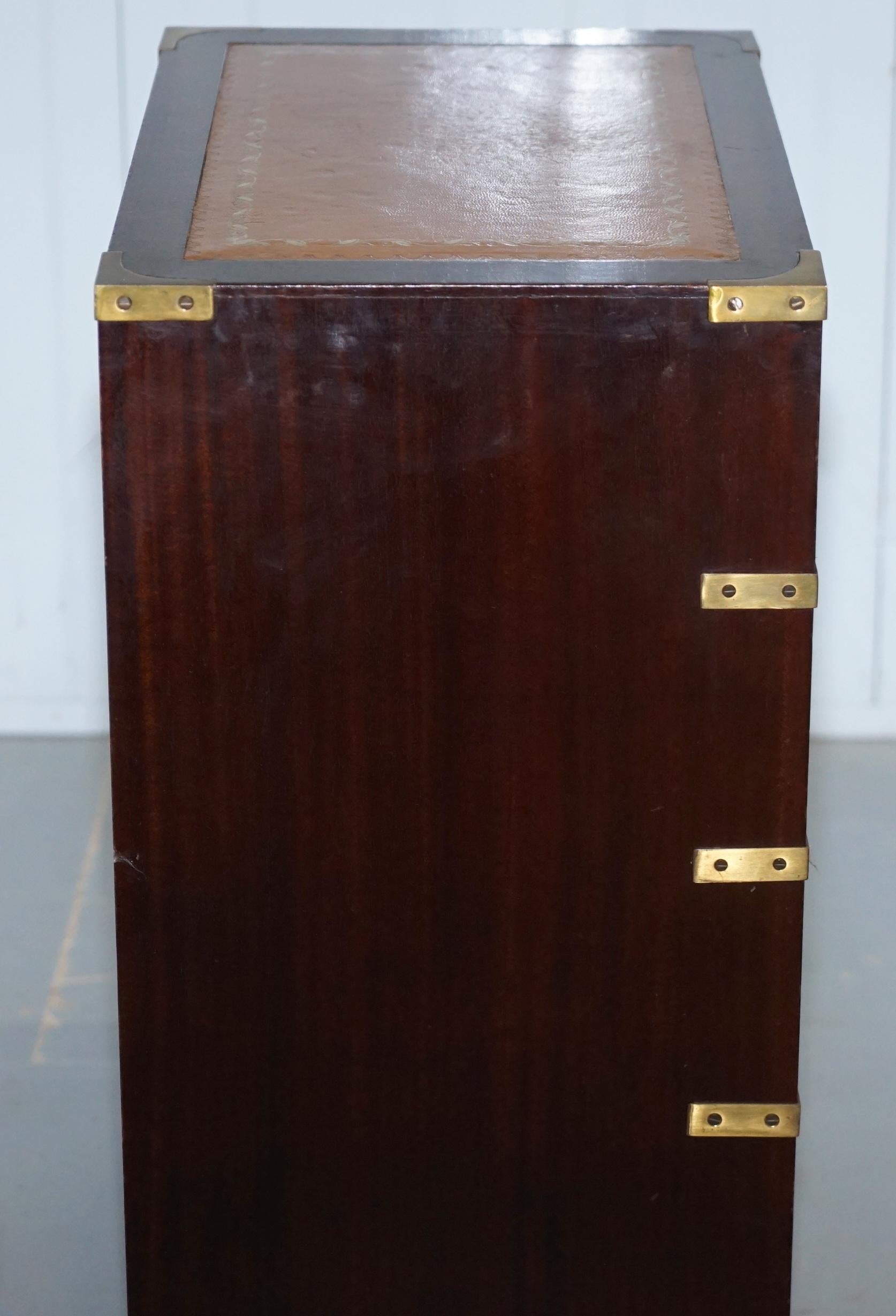 20th Century Lovely Side Table Sized Military Campaign Chest of Drawers Brown Leather Top