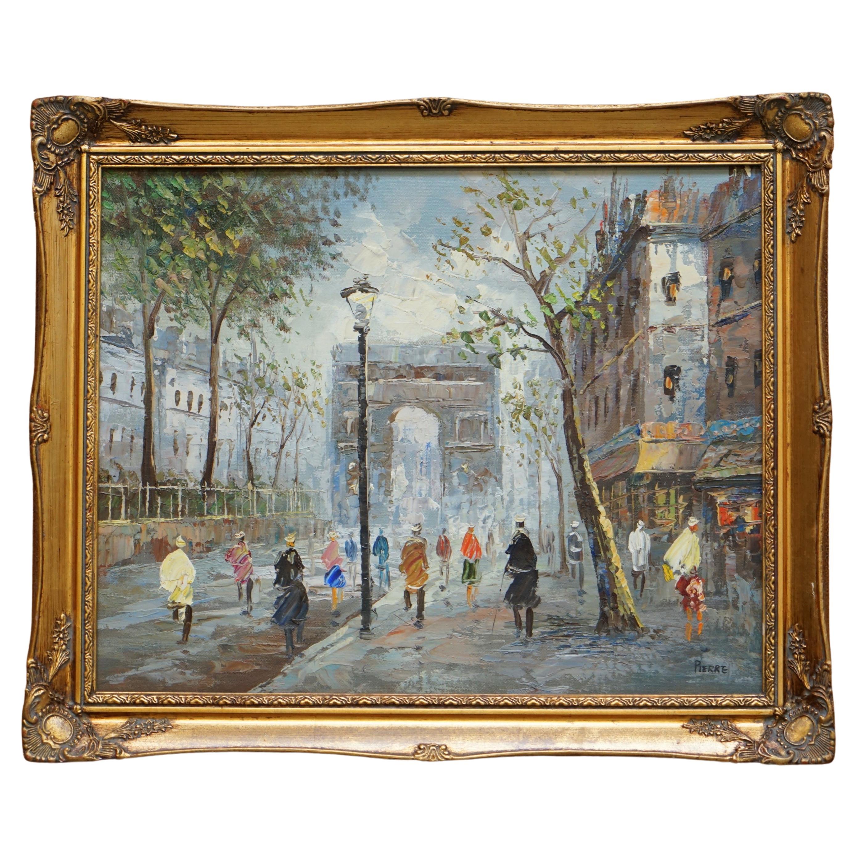 Lovely Signed Pierre Oil Painting of a French Paris Arc De Triomphe Parisian