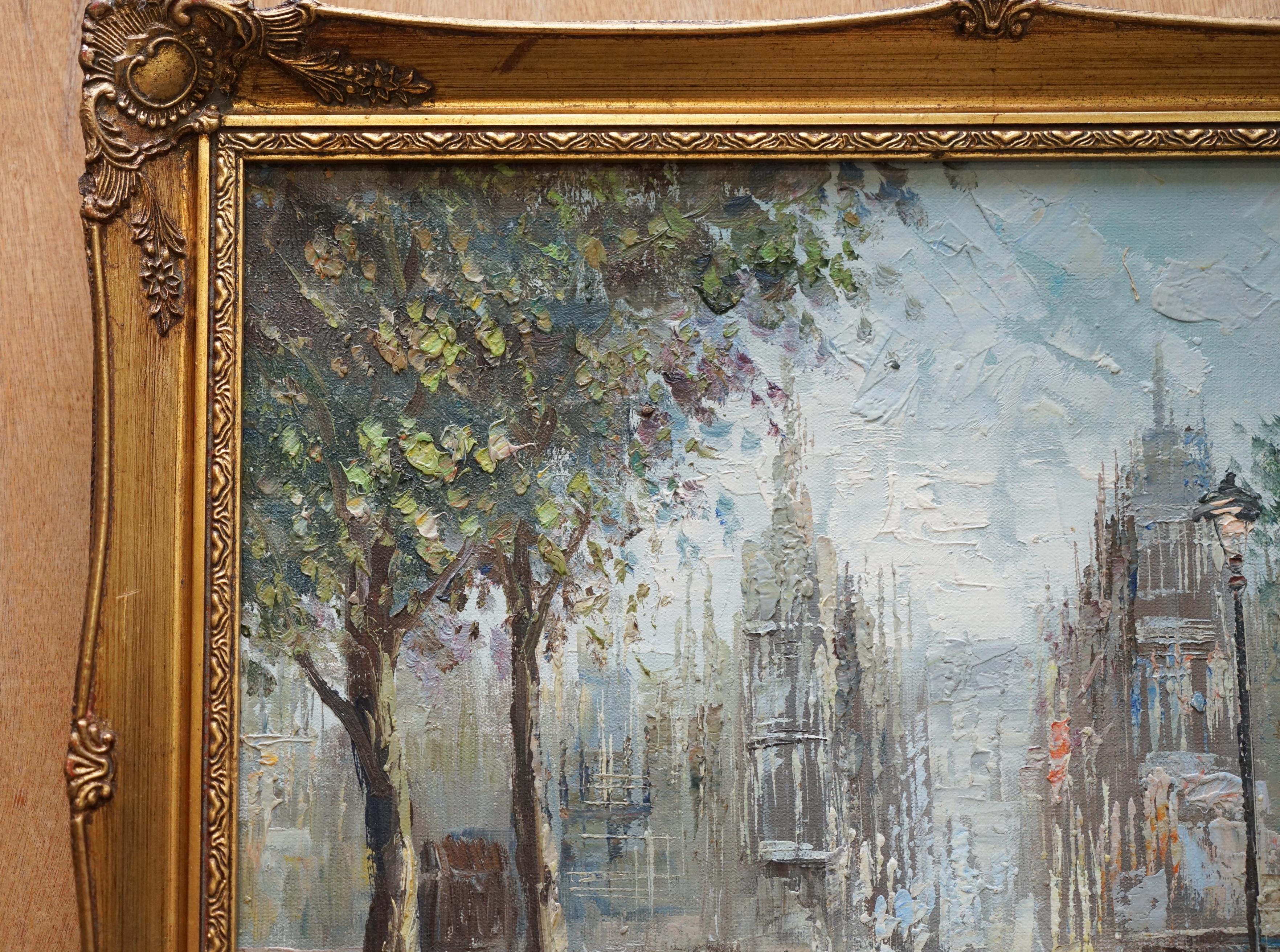 We are delighted to offer this lovely French Parisian street scene oil painting signed Pierre

This painting is one of a pair, the other is by the same artist of Arc De Triomphe. Both have wonderful movement, they look to be a window into the