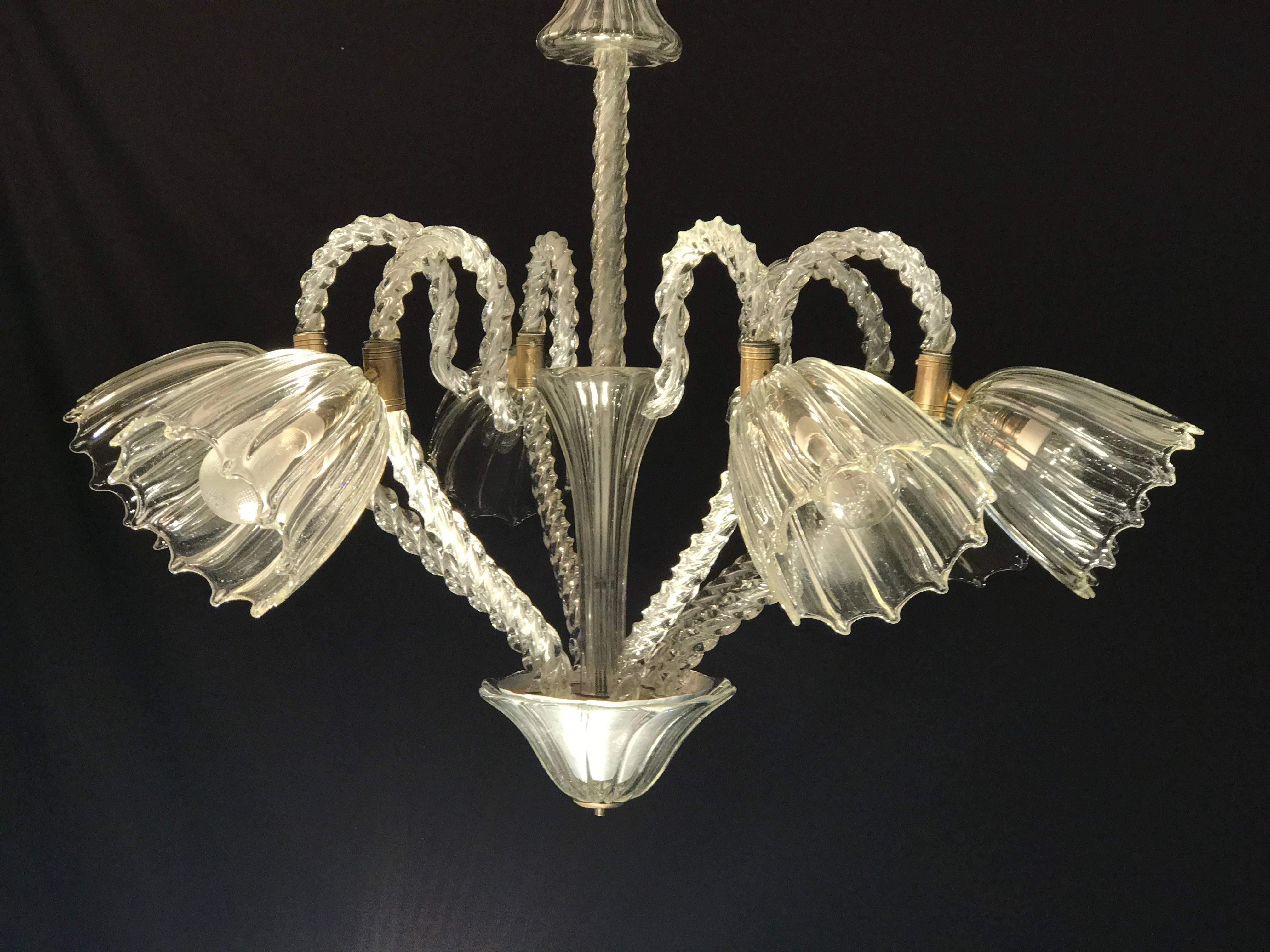 Lovely Six-Light Murano Glass Chandelier by  Ercole Barovier In Excellent Condition In Rome, IT