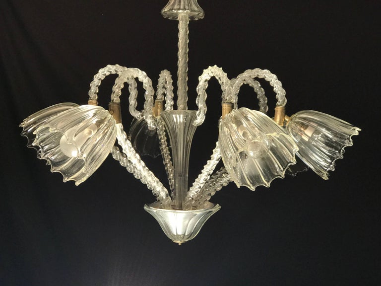 Lovely Six-Light Murano Glass Chandelier by  Ercole Barovier In Excellent Condition For Sale In Rome, IT