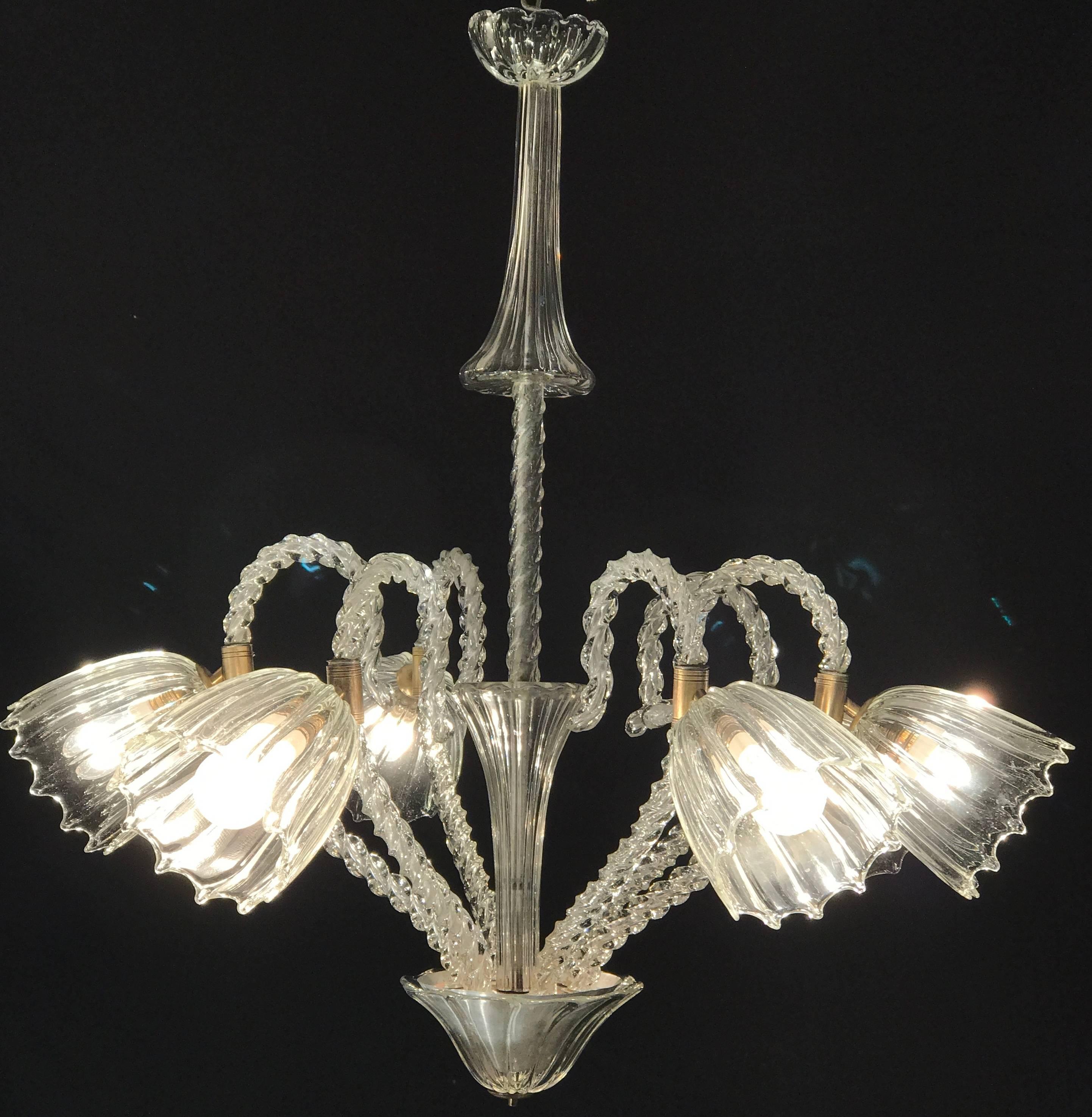 Mid-20th Century Lovely Six-Light Murano Glass Chandelier by  Ercole Barovier